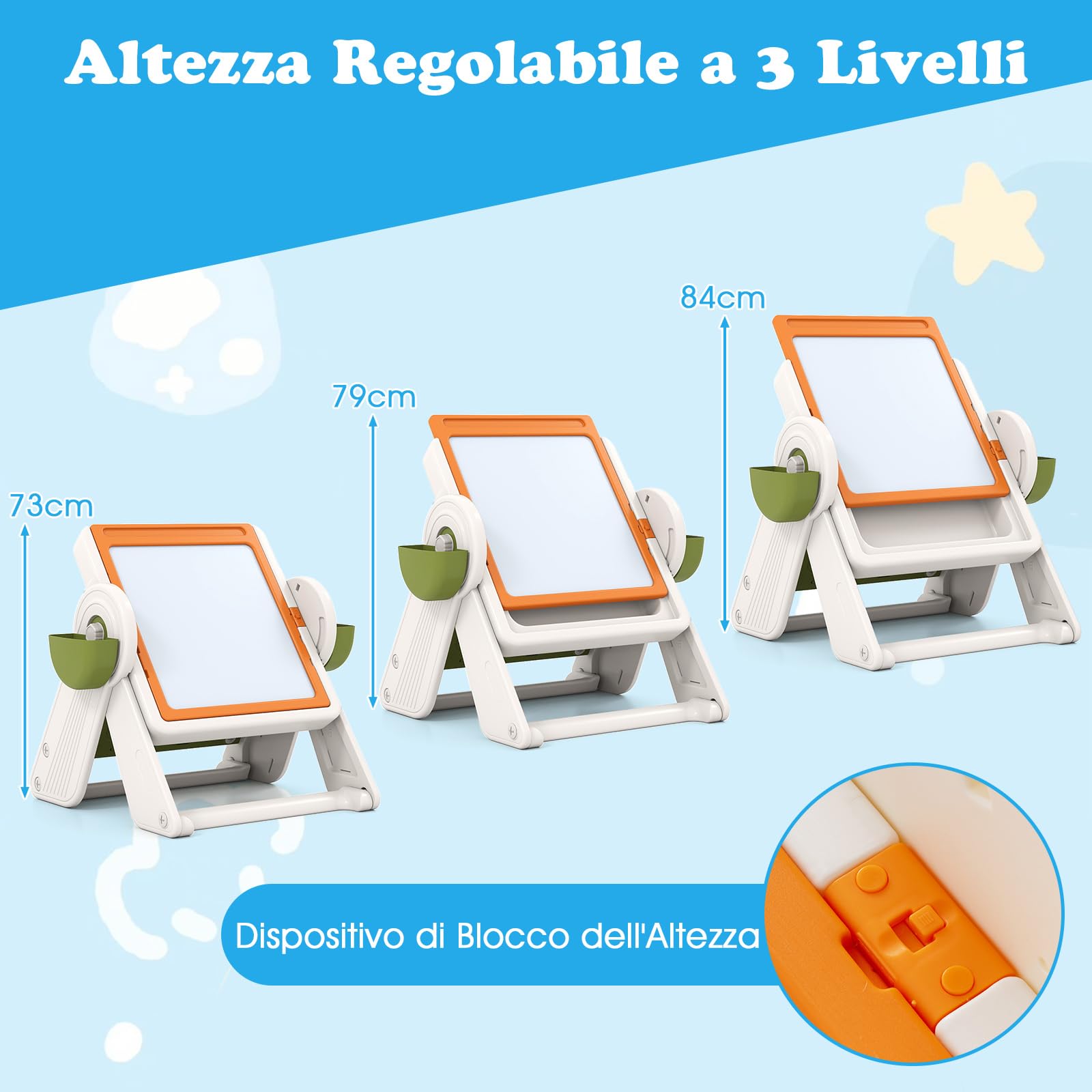 COSTWAY Set Tavolo e Sedia 6 in 1 per Bambini 18+ Mesi, Tavolino Pieghevole con Piano Reversibile, Porta Penne, Cesti Contenitori e Scaffale, Tavolo Salvaspazio per Giochi per Cameretta (Arancione)
