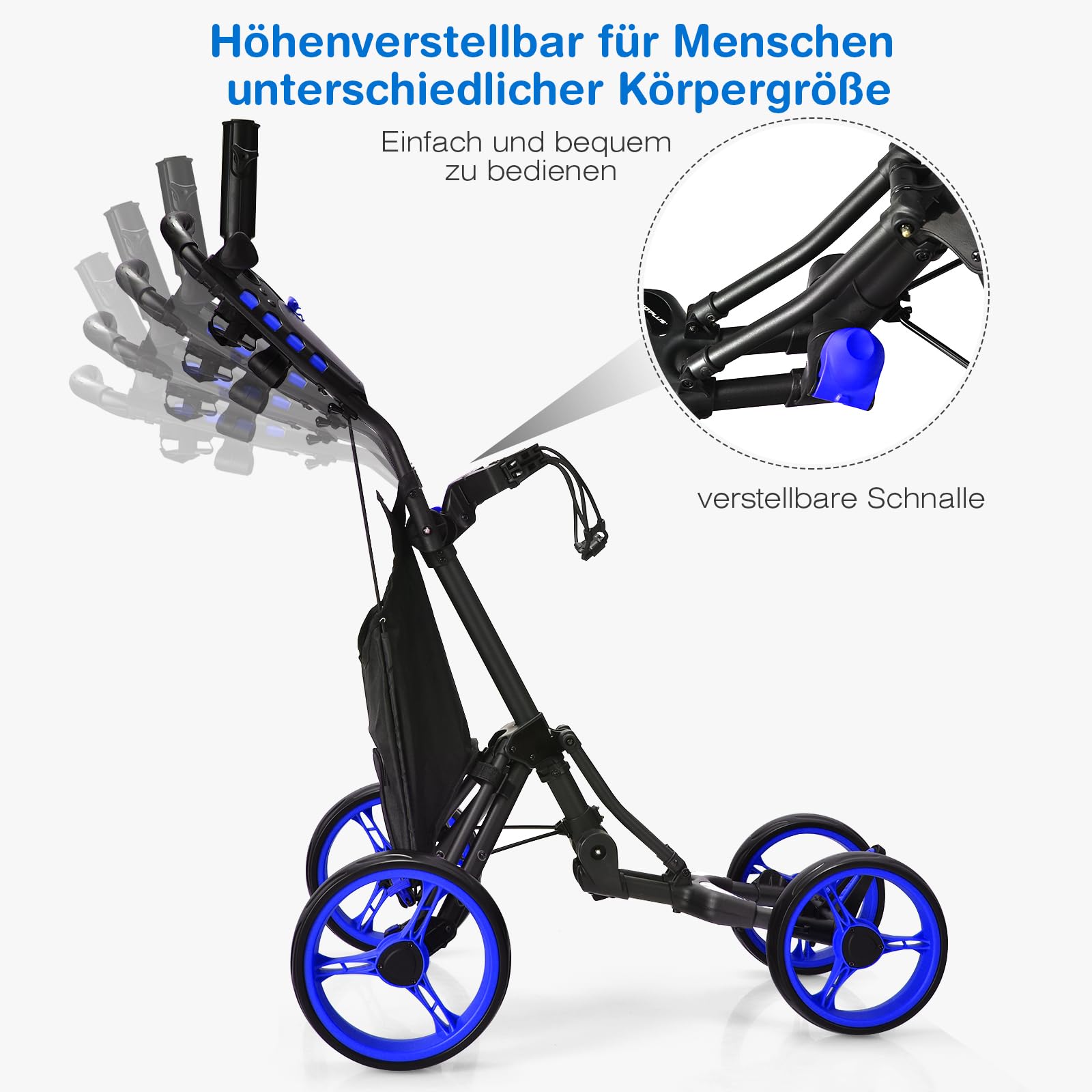 GYMAX Golfwagen klappbar, Golf Trolley mit 4 Räder & höhenverstellbare Positionen, Golftrolley mit ergonomischer Griff, verstellbarem Schirmhalter & Tasche