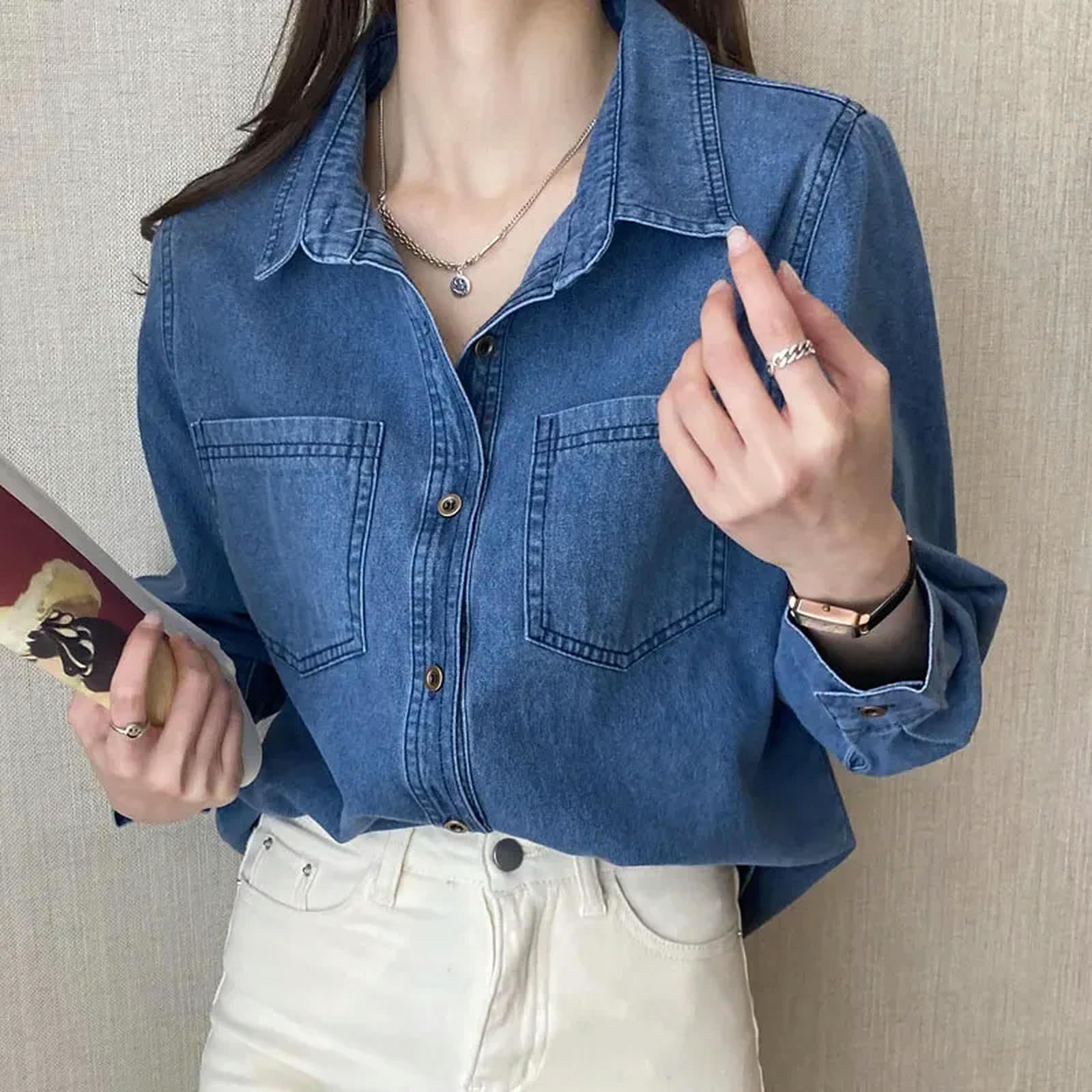 Giacca Uomo Camicie in Denim Blu Intenso per Donne Bottoni Primaverili Camicia A Maniche Lunghe