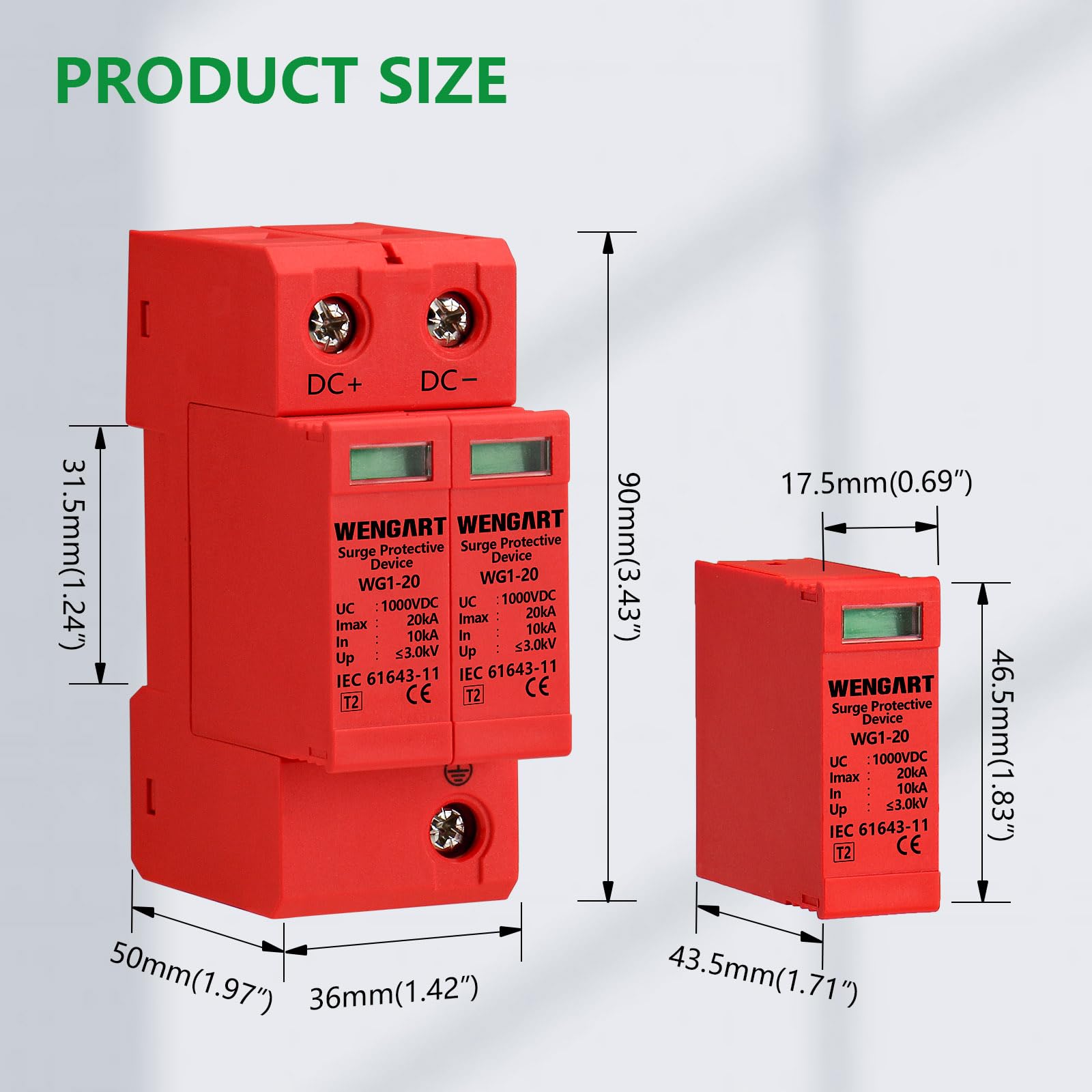 Wengart Scaricatore di Sovratensione DC 1000V 2P SPD 10-20kA Protezione Fulmini Fotovoltaico Guida DIN 35mm