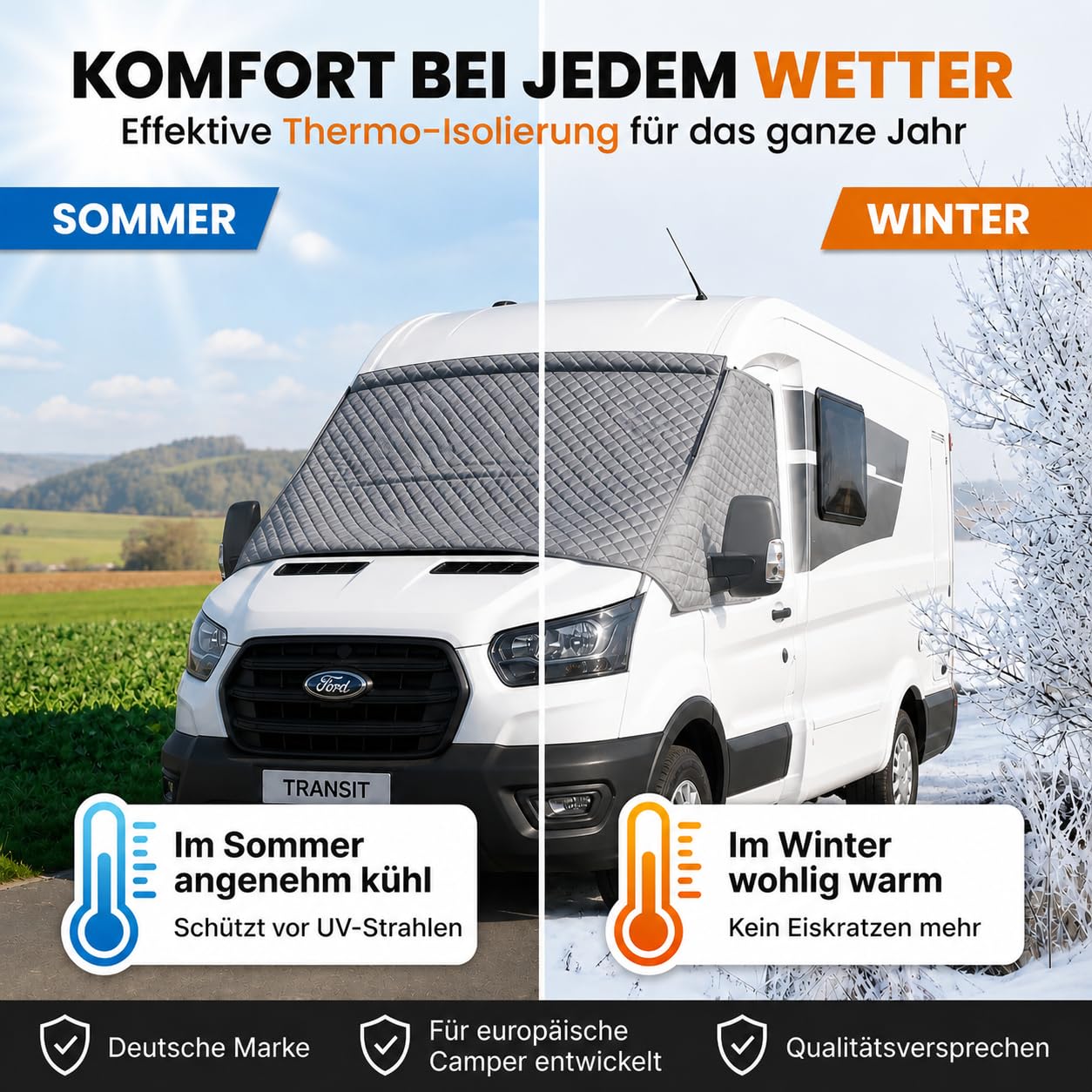 NATURIZ® Frontscheibenabdeckung Ford Transit – Premium Scheibenabdeckung - Thermomatte außen +Sonnenschutz für Wohnmobile – Winterabdeckung Wohnmobil und Kastenwagen, 2015-2026, MK8 & MK9