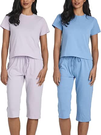 YIJIU Women's Pajama Set – 2 Pack Short Sleeve Sleepwear With Pocket & Capri Pants (Soft Print Loungewear) - View #9