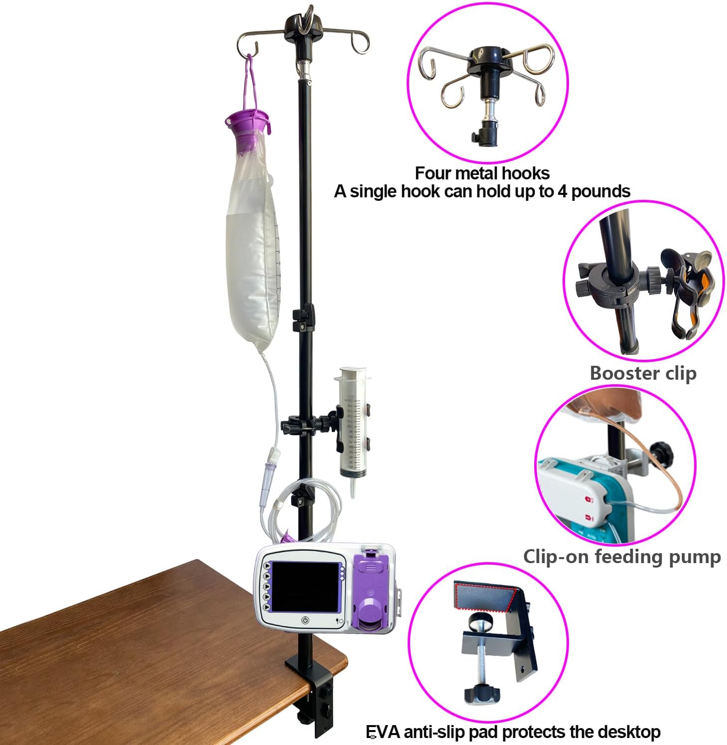 Feeding Tube Holder Stand Compatible Infinity Kangaroo Pump Rack for Gravity Syringe,Portable IV Pole for Travel,Enteral Gastrostomy Telescopic Pole,NG Tube Supplies Accessories (43 Inchs with Clamp) image 3