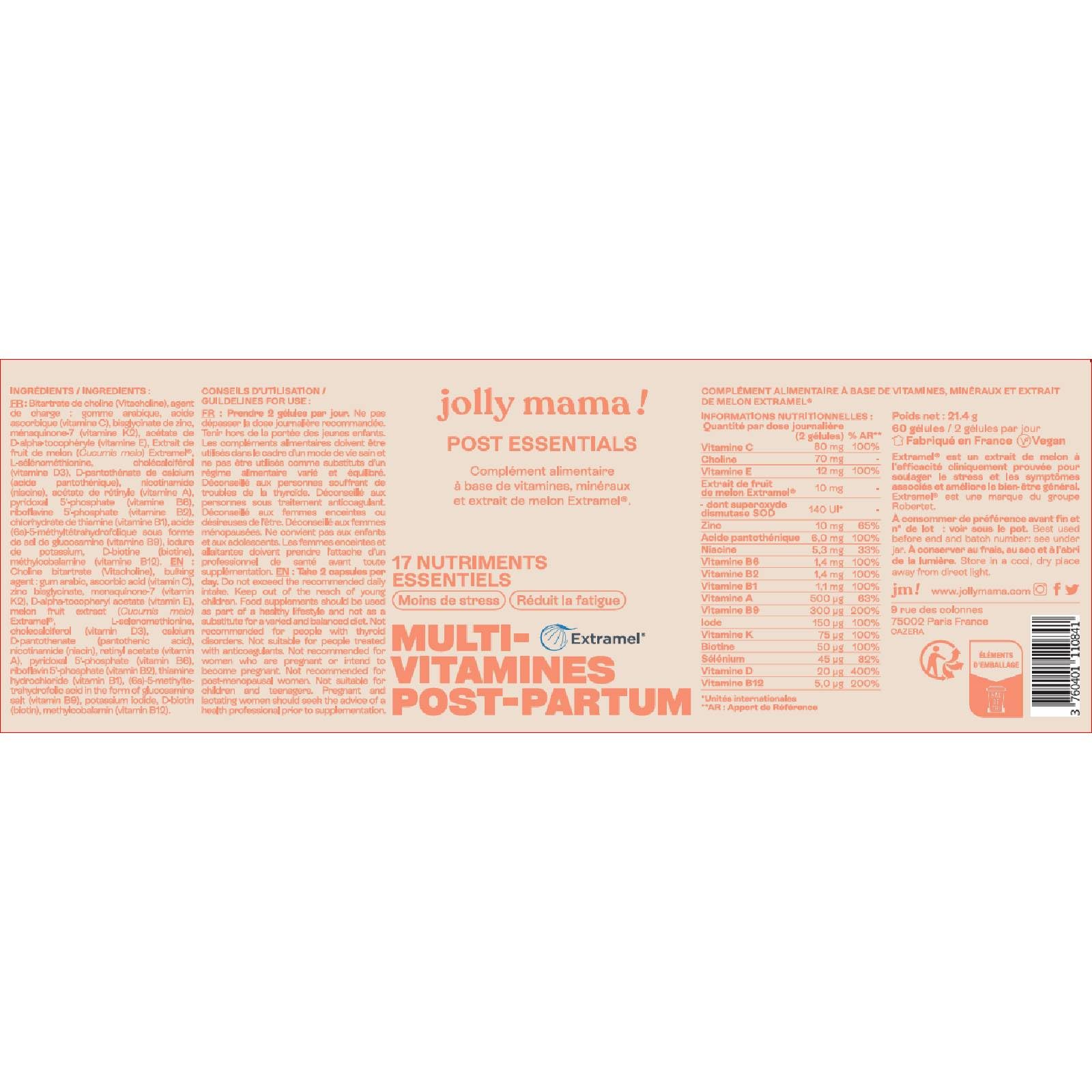 Jolly mama! Multi Vitamines Post Essentials | 17 Nutriments Clés Post-Partum | Avec Actif Breveté Extramel | Bien-Être Après Accouchement | Compatible Allaitement | Fabriqué en France | 60 Gélules