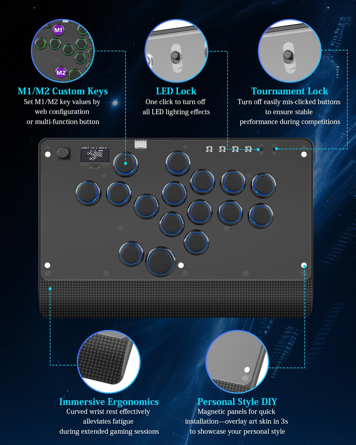 GM-16 Leverless Arcade Controller, All-Button Fight Stick per PS4/PS3/PC/Switch, Fight Stick per giochi di combattimento con funzioni RGB e Turbo personalizzate e Hot Swap