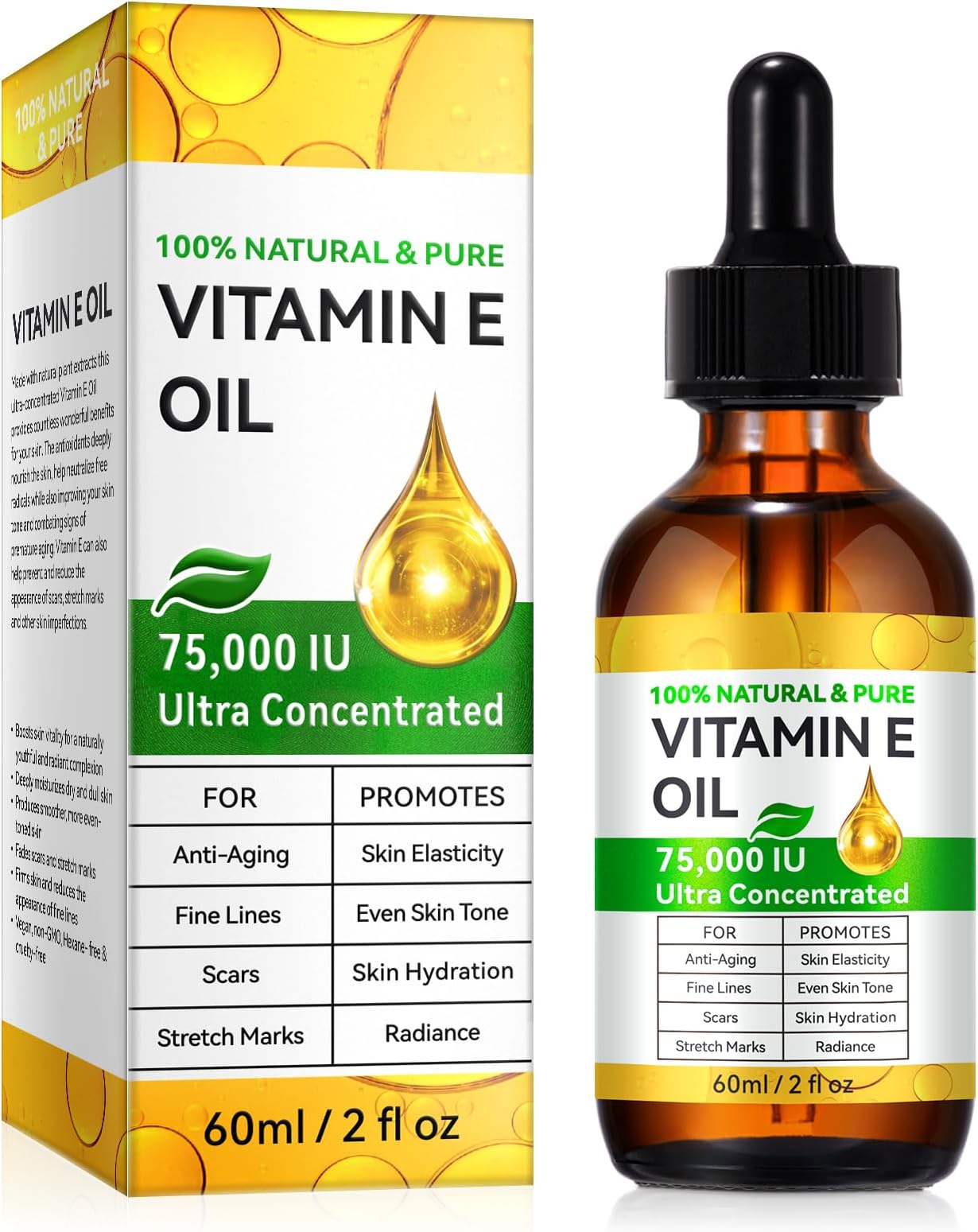 Pure Vitamin E Oil for Skin and Face, Vitamin E Oil 75,000 IU, Gua Sha Massage Body Oil for Moisturizing Dry Skin, Reduce Fine Lines | Non-GMO, 60ml