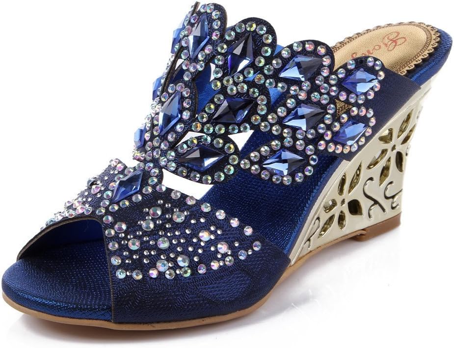 Unicoratha Women's Rhombus Shaped with Crystal Rhinestones Slip on Party Dress Wedge Sandals