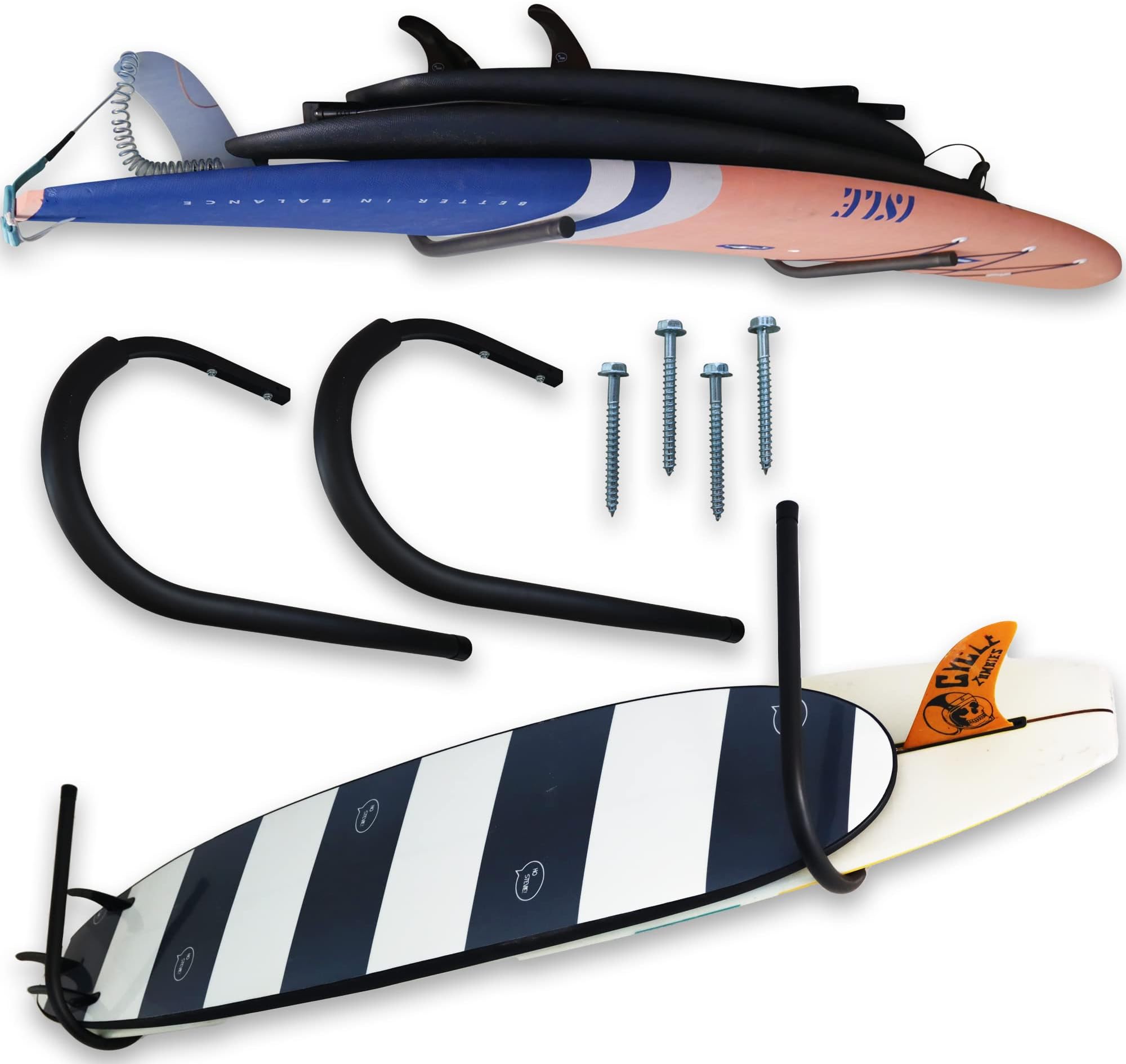 Ho Stevie! Surfboard Ceiling Racks - Free Up Your Floor Space - Hang Up To 3 Surf or SUP Boards - Won’t Rust/Corrode - Heavy Duty 75lbs Max - Easy Installation (Hardware Included)