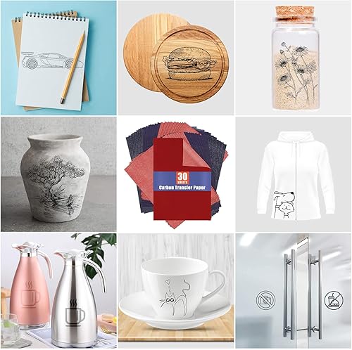 Miniatura 4 de PSLER - Papel de carbón para rastrear papel de transferencia de grafito, 10 hojas rojas, 10 hojas azules, 10 unidades negras para trazar patrones