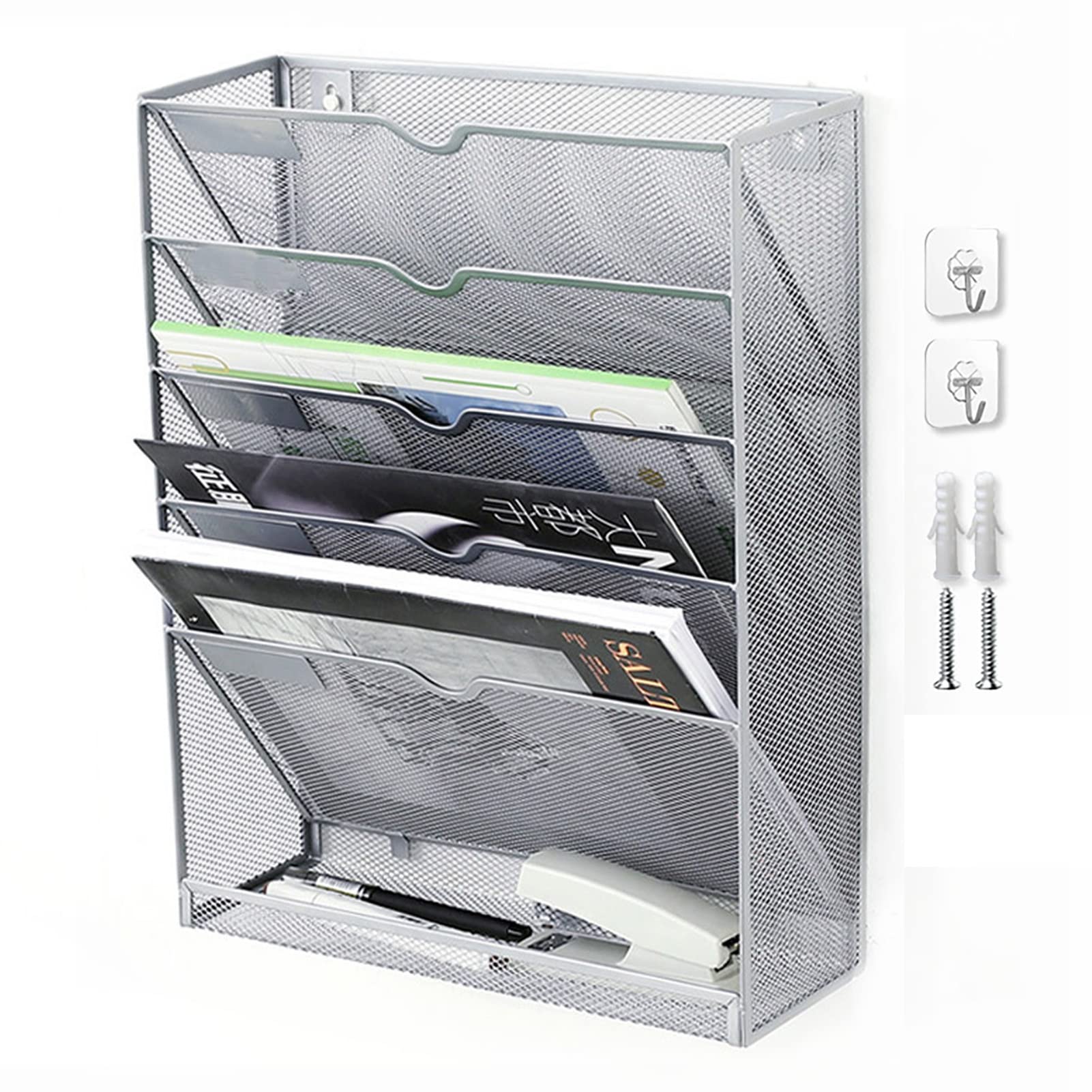 5-laags mesh-wandmaporganizer, 3 zakken, verticaal gemonteerde hangende organizer met boven-/onderbak | 2 Haken | Wandmontage en deurophanging voor kantoor thuis