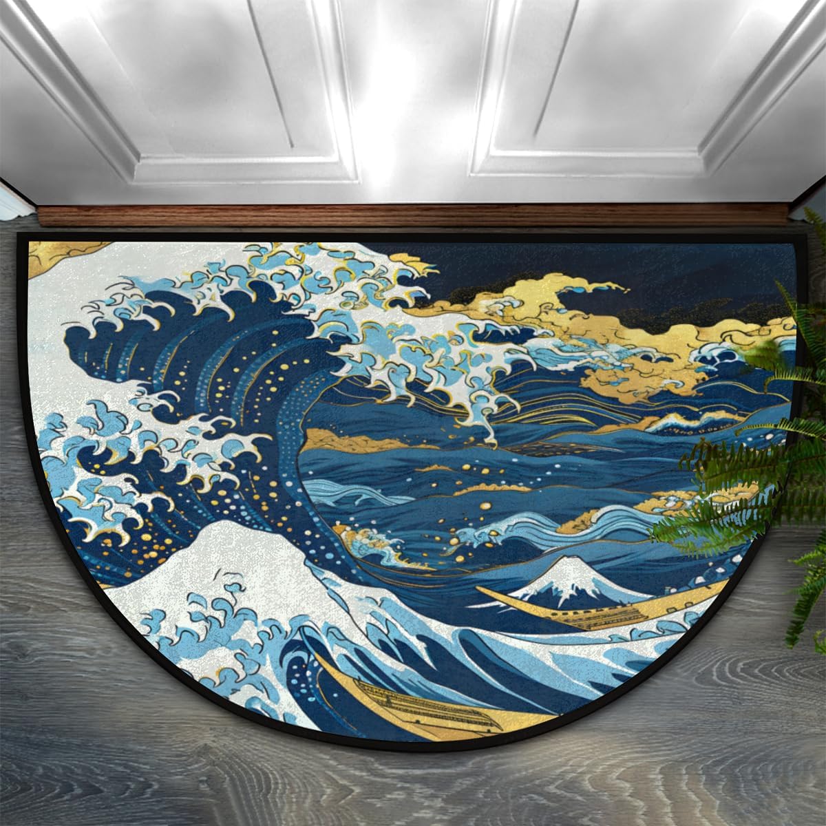 cfpolar Half Round Door Mat Semi Circle Non-Slip Bathroom Floor Rug, Big Wave Japanese Outdoor Welcome Entrance Way Mat Indoor Absorbent Kitchen Mat for Home,Garage,Patio,Bedroom 36" x 24"