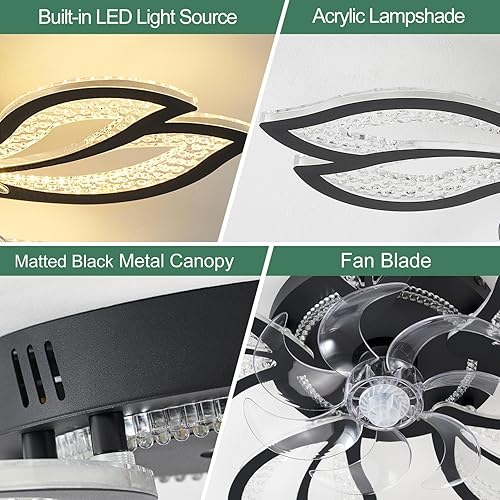 Miniatura 6 de Ventilador de techo geométrico con luz, negro, 26', 3000K-6000K, control remoto, perfil bajo, para dormitorio