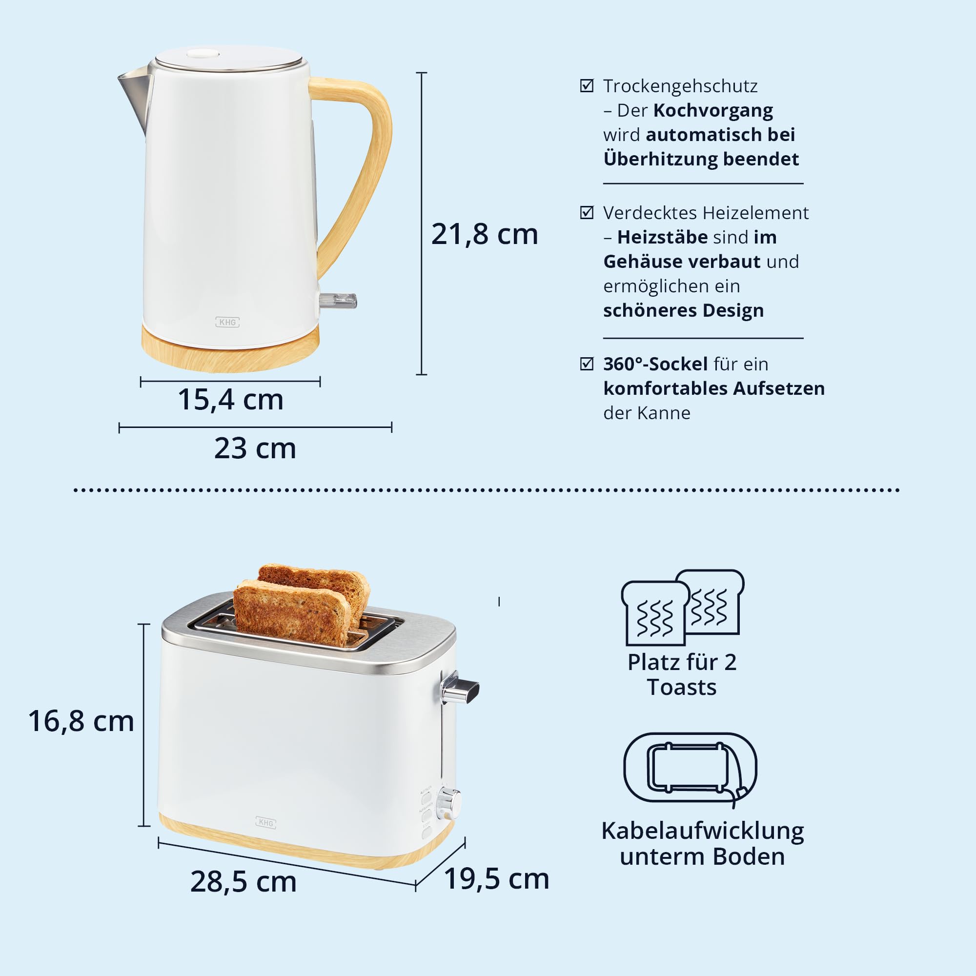 KHG Wasserkocher und Toaster Set 2-teilig 2200 800 Watt 1,7 Liter 2 Scheiben Weiß Holzoptik