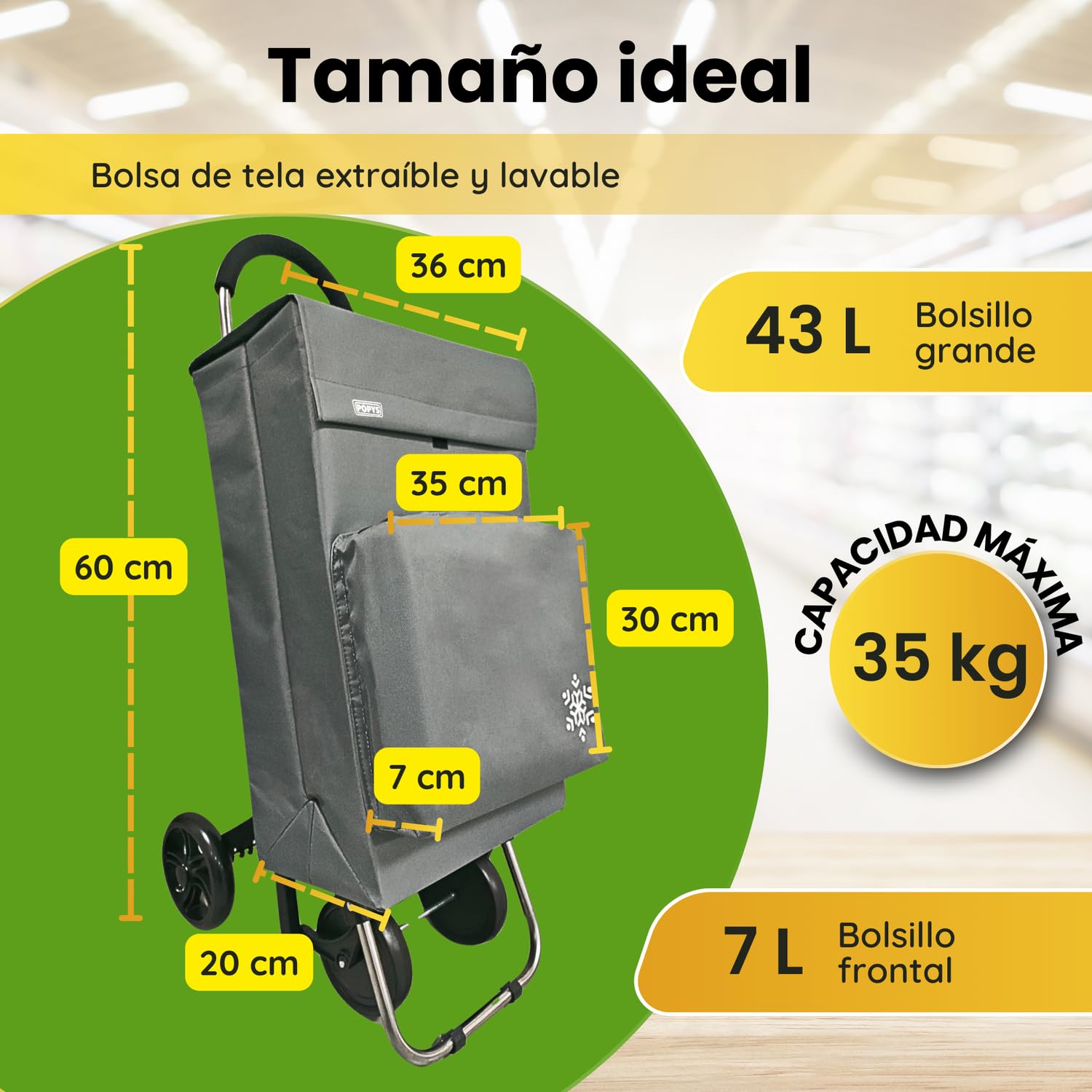 Carro de la Compra de 50L + Gancho Multiusos de Regalo con Compartimento Refrigerante | Carrito Compra de 4 y 2 Ruedas Ideal para Supermercado (Requiere Montaje) (Gris.) — view 2