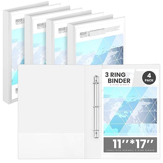 4 Pcs 11 x 17 Inch 3 Ring Binders View Cover Heavy Duty Plastic Flexible 1" D Rings Binders Economy Holds 11" x 17" Paper for Office, Home, Work Places Store Artwork Blueprints