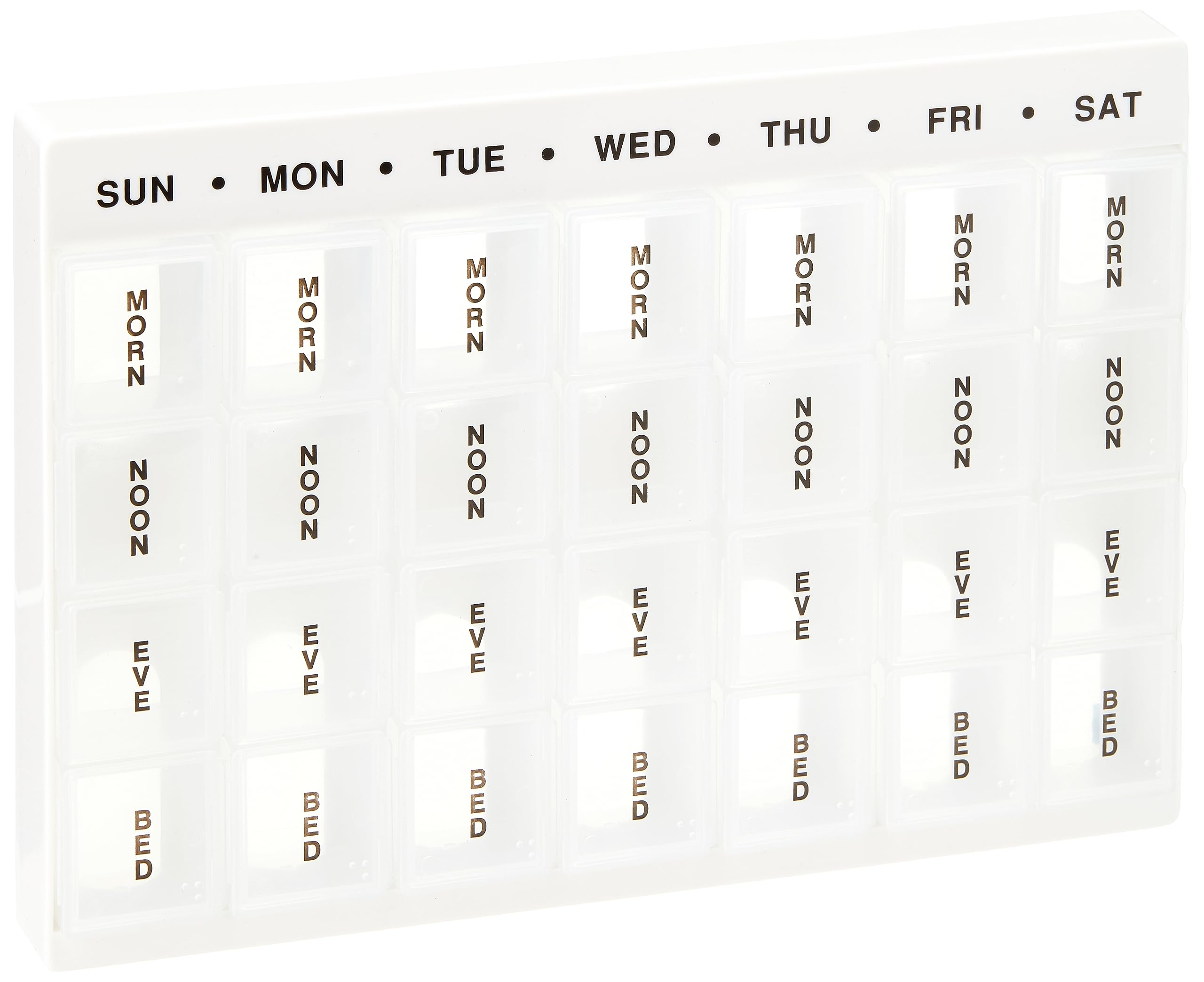 Safe and Sound Jumbo Weekly Pill Organiser, 4 Compartments Per Daily Removable Section, Printed and Braille Flip-top Lids, Push-open Catches