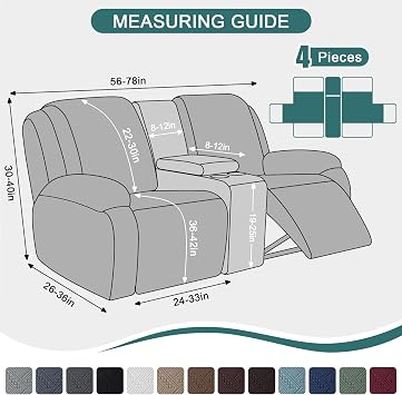 Ruaozz Stretch Loveseat Recliner Cover with Console, Black | 4-Piece Set, Washable Soft Jacquard Recliner Sofa Covers, Furniture Protector with Elastic Bottom Straps, Side Pockets