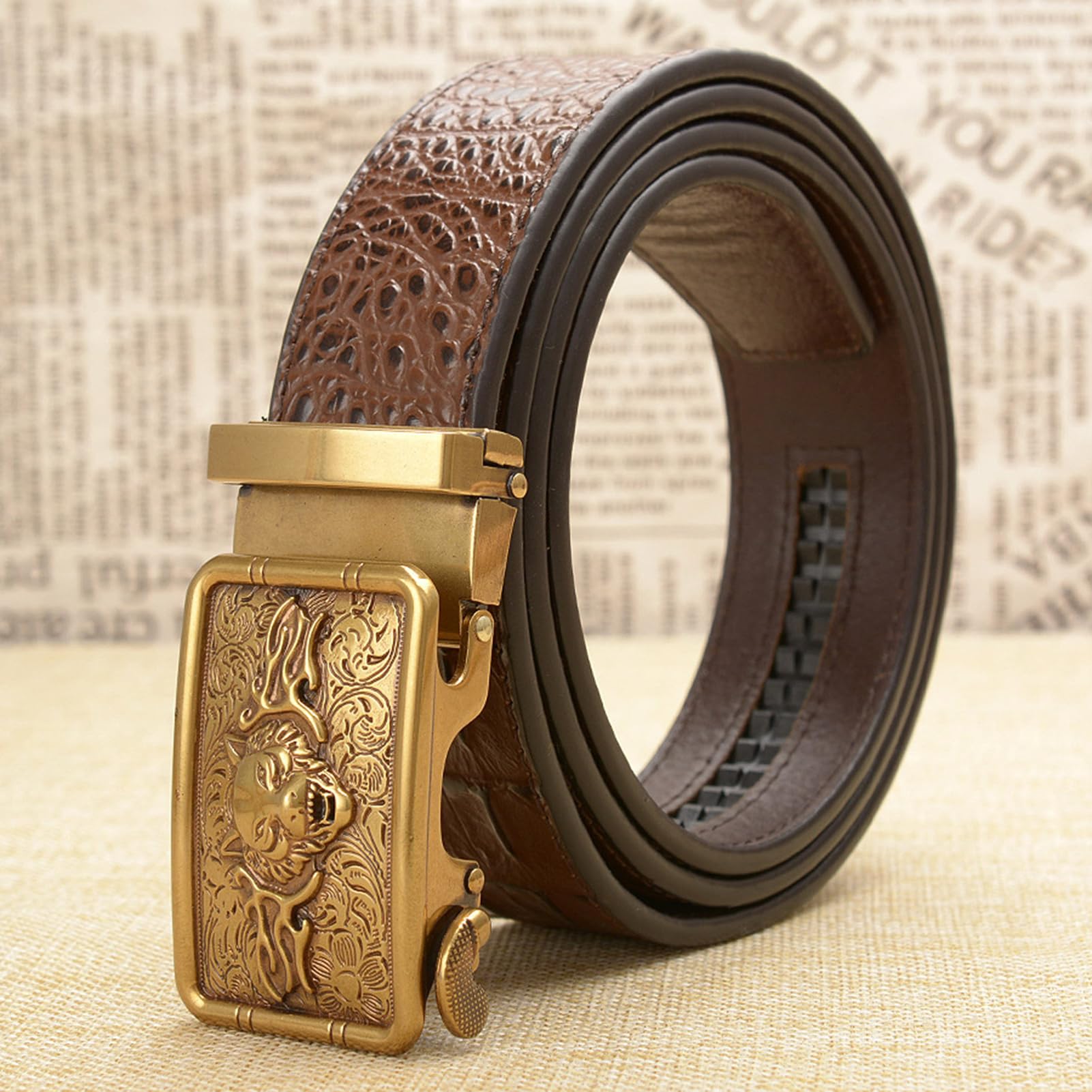 Cinturón De Trinquete Cocodrilo Tallado Wolf Fox For Hombre