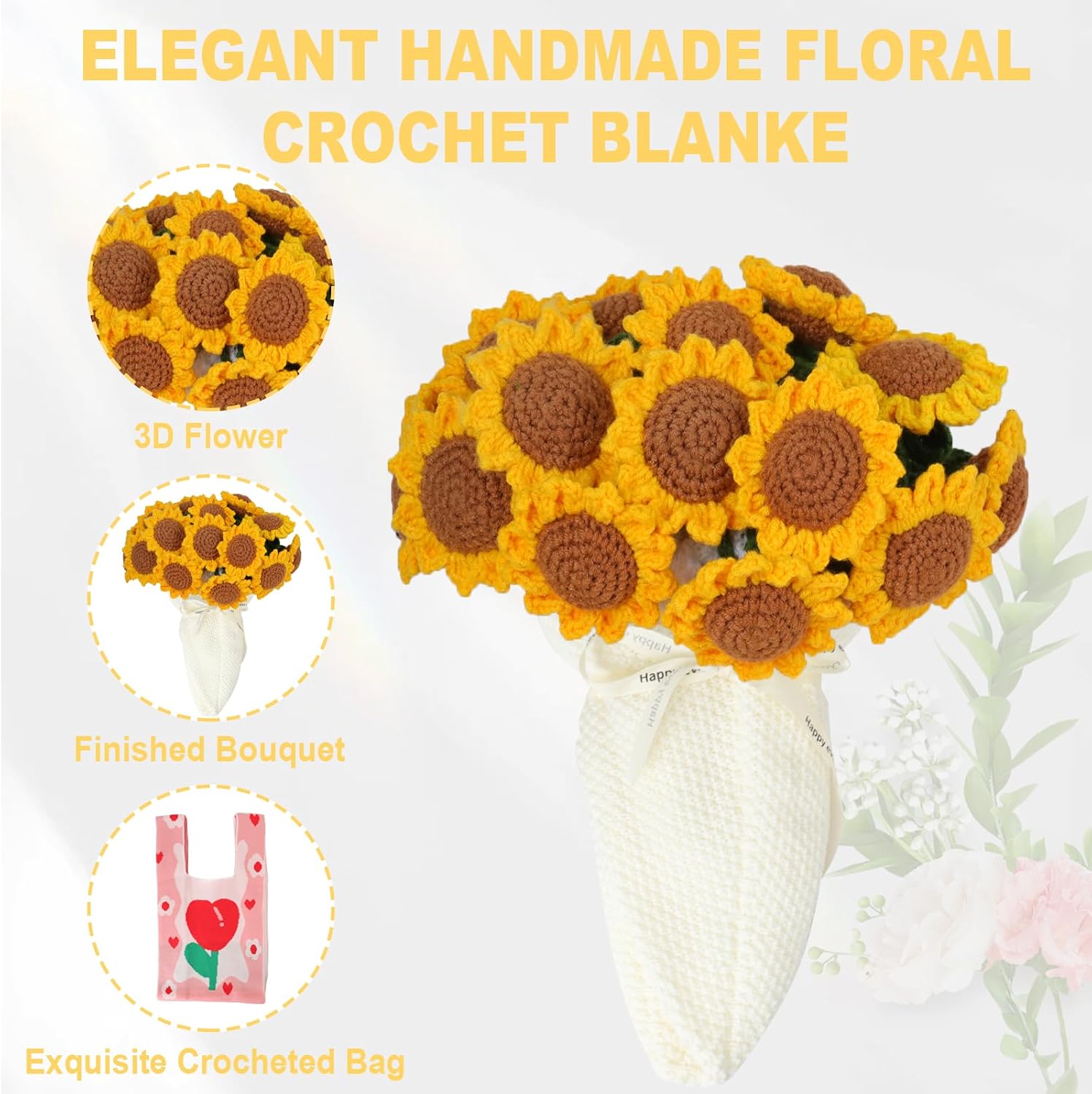 Crochet Flower Bouquet Blanket, 31.5 Inch Handmade Crochet Sunflower Blanket, Soft Lightweight Romantic Flower Finished Knitted Throw Blanket Gifts for Anniversary Birthday Wedding Home Decor