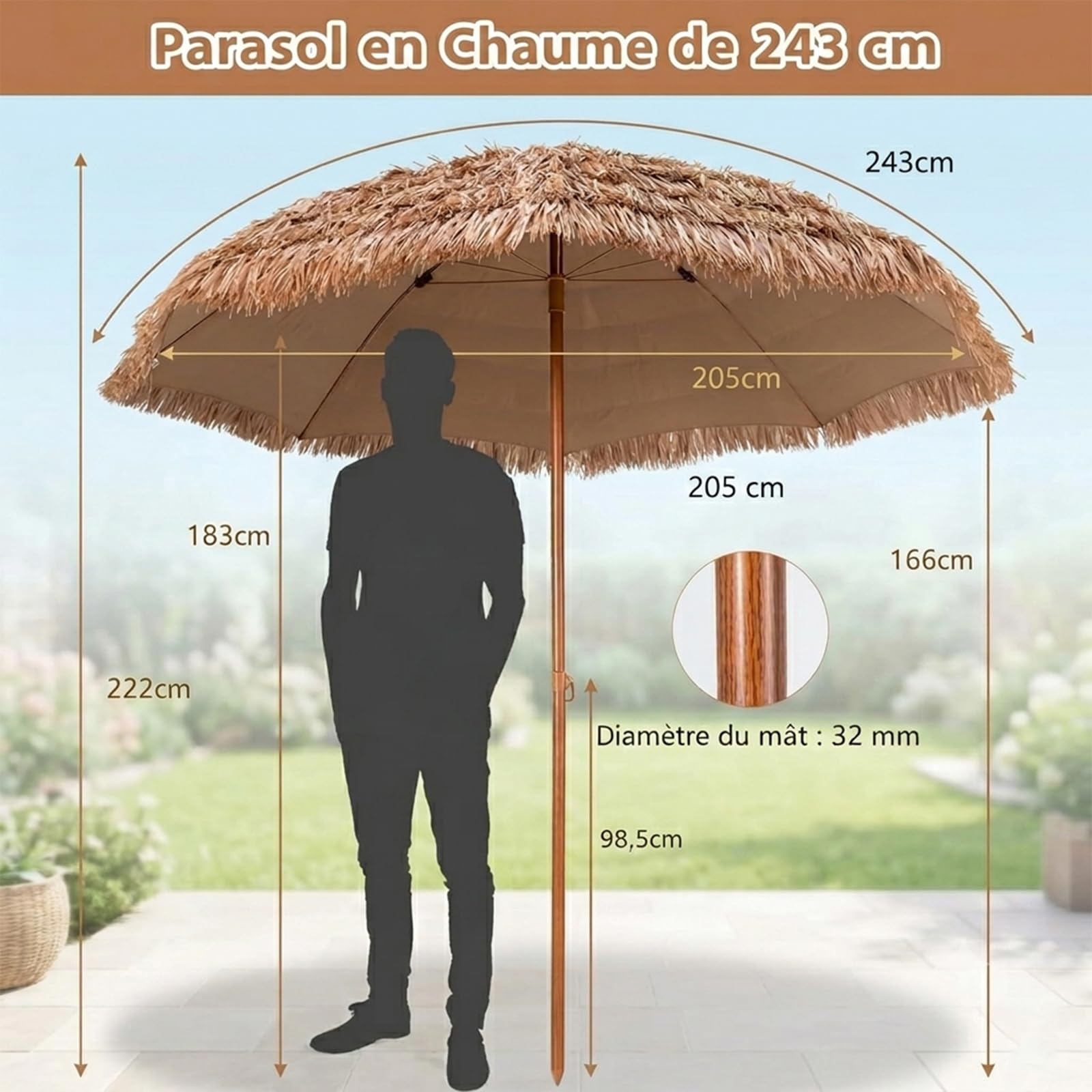 GOPLUS Parasol de Jardin Exterieur en Chaume PP, 2,4M Parasol Paille de Style Hawaïen Tropical avec Toit, 8 Baleines, 7 Couches, Anti-UV, pour Plage Patio Terrasse, Base Non Inclus