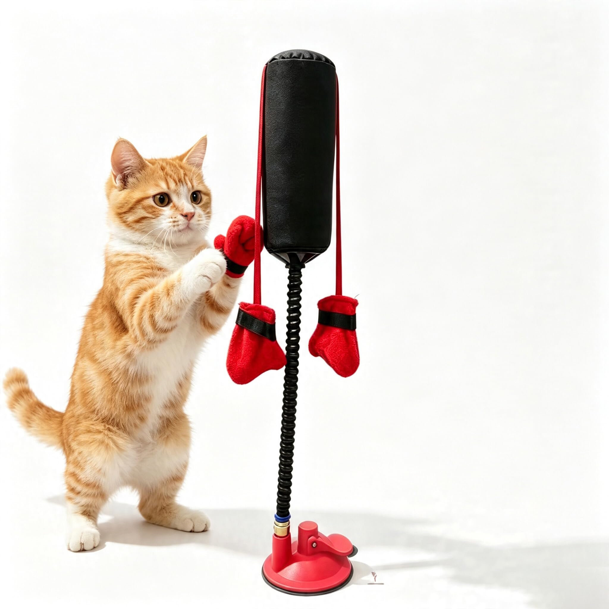 Cat Punching Bag Toy with Spring Loaded Suction Cup Base & Dangling Gloves