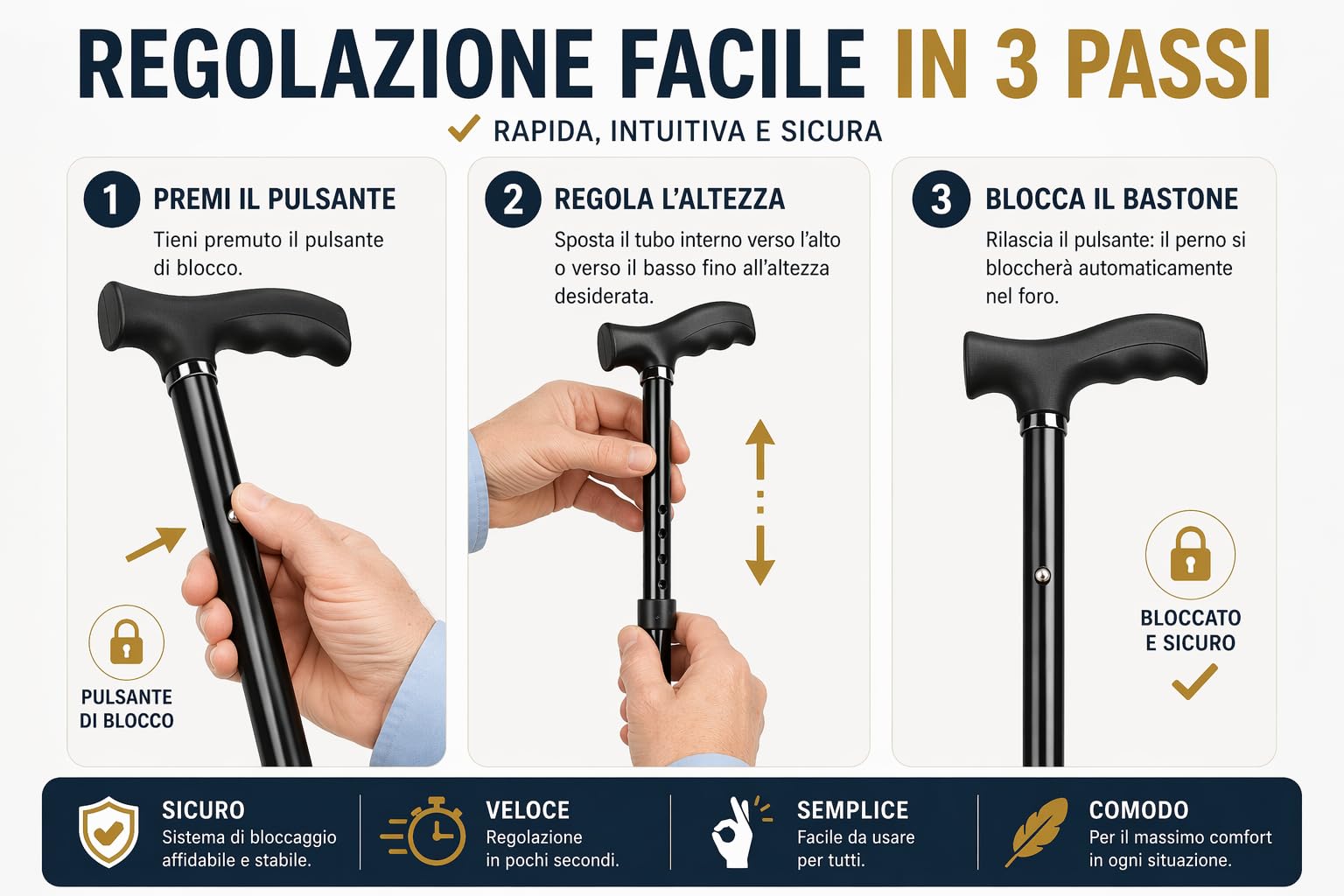 Bastone da Passeggio Regolabile in Lega d'Alluminio, Leggero, Nero, per Uomo e Donna