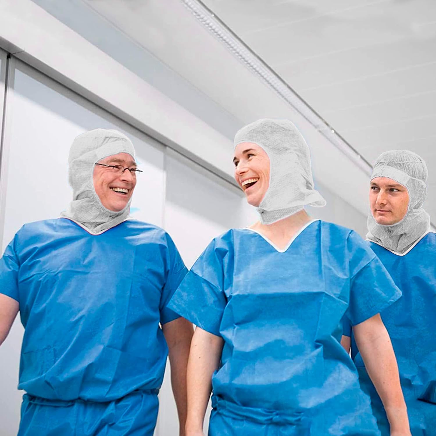 EZGOODZ White Disposable Hood Caps, One Size. Pack of 100 Disposable Bouffant Hoods. 18 GSM Polypropylene Full Face Hair Net with Elastic Band. Protective Caps Hoods Hairnets. Full Face Beard Nets