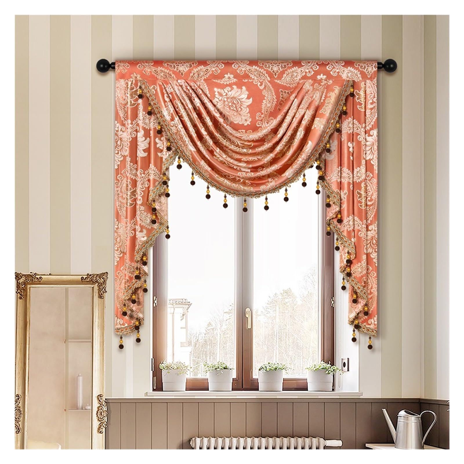 MFESFCS Swags For Windows 1pc Jacquard Fabric Waterfall Curtain Valance,Rod Pocket,1 Swag Valance For Home Decoration(Coffee)
