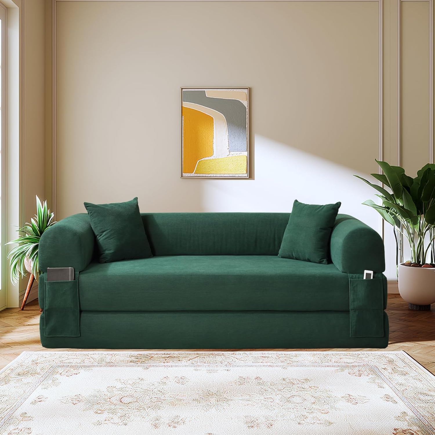 80 Inch Convertible Sofa Bed,Folding Pull Out Couch with Pillows & Storage Pocket,Corduroy Queen Sleeper Sofa in a Box,No Assembly Boneless Couch for Living Room,Deep Green