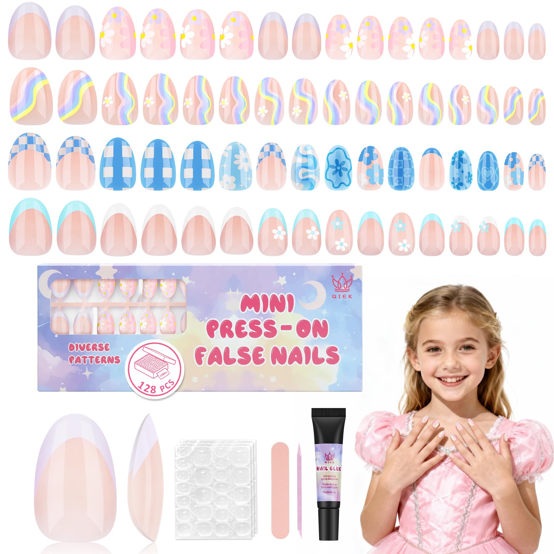 QIEK Kids Extra-Short Almond Press-On Nails