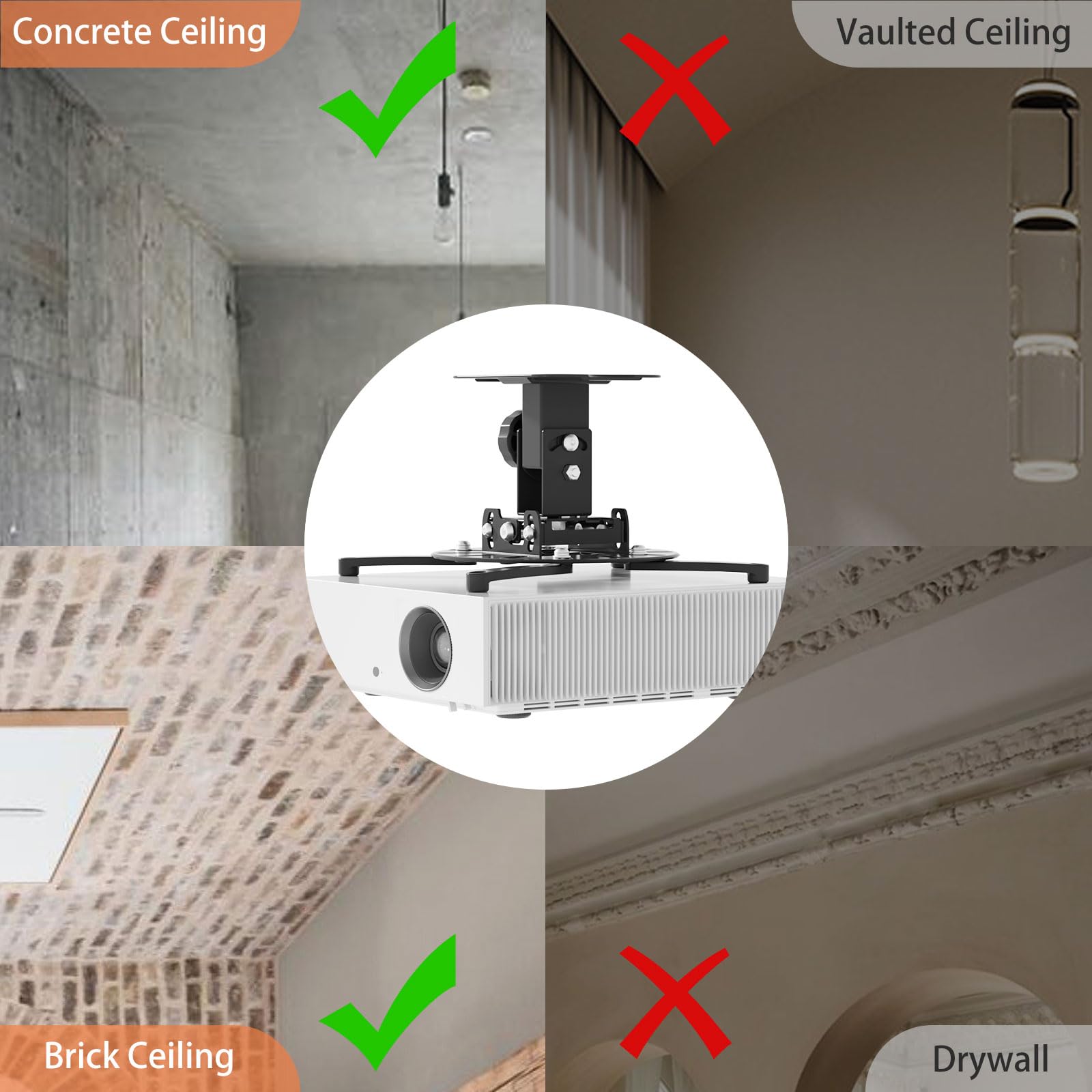 Soporte de pared universal para proyector, se adapta a techo plano o inclinado, altura ajustable con brazos extensibles para el hogar y la oficina 9