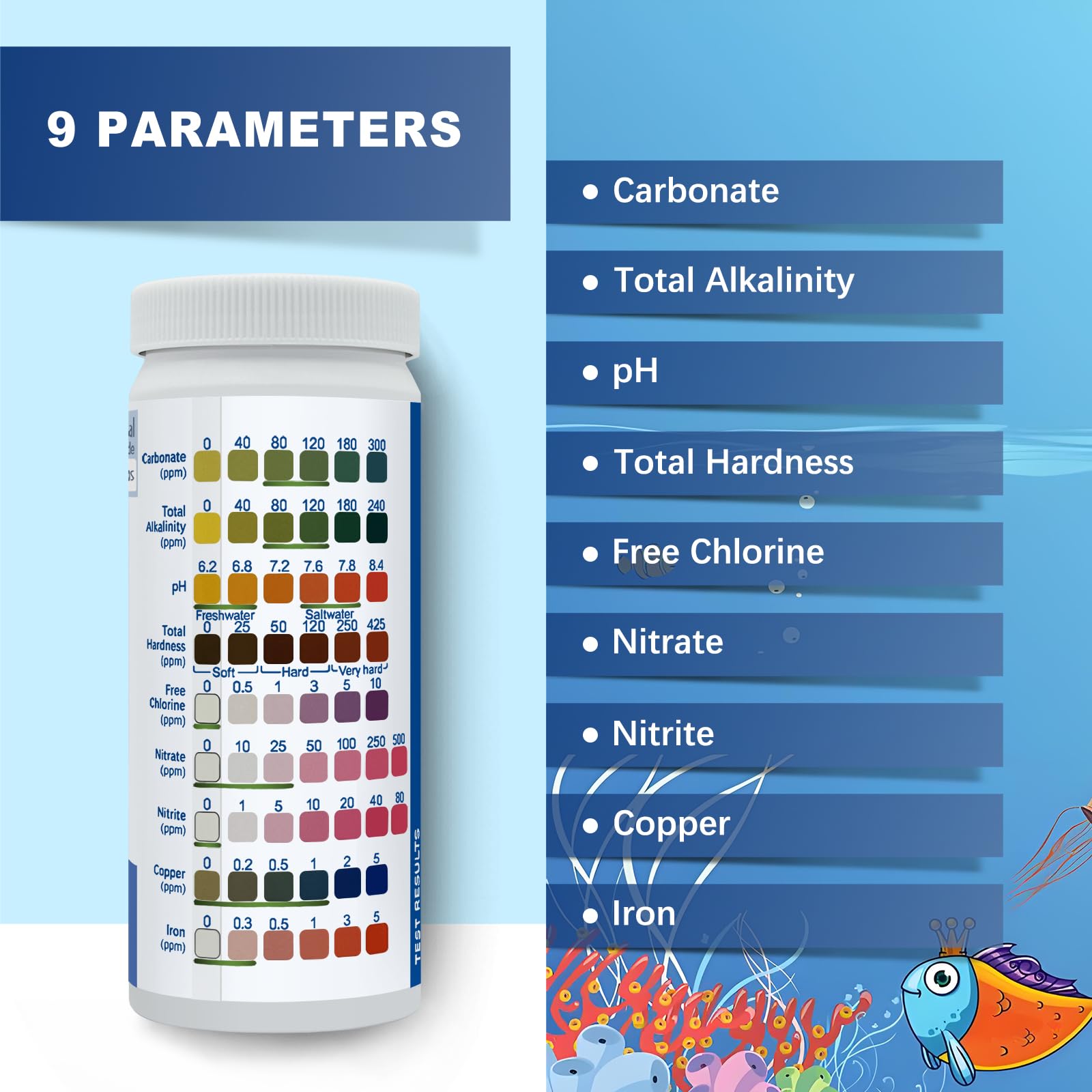 Kit de prueba de acuario con eBook-100 tiras 9 en 1, kit de prueba de agua salada y agua dulce para acuario, estanque y pecera, prueba de carbonato, alcalinidad, pH, dureza, cloro libre, nitrato,