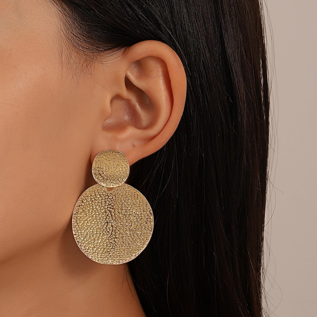 Large Gold Plated Big Disc Drop Earrings,Round Dangle Earrings,Texture Hammered Earrings for Women,Statement Fashion Jewelry - Image 3