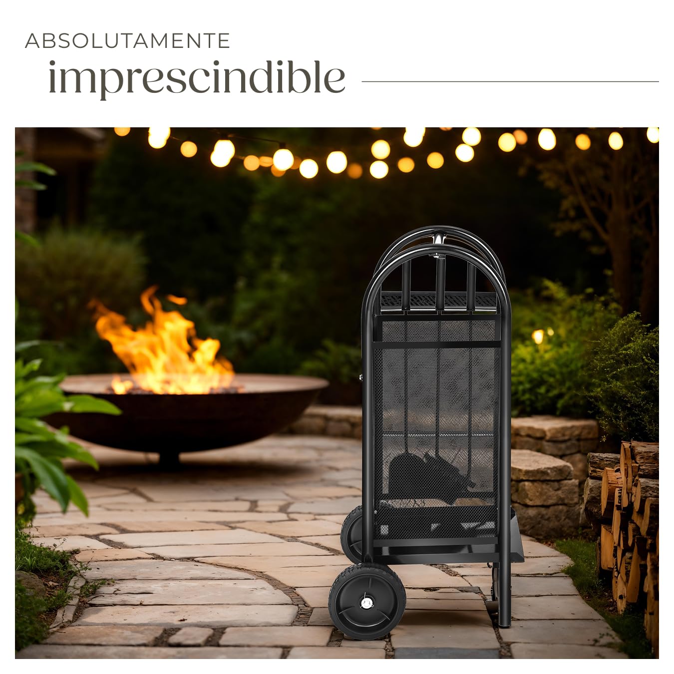 tectake® Leñero Exterior e Interior, Carro con Ruedas, Estructura de Acero Perforado, Almacenamiento Exterior Práctico, con Herramientas Chimenea, Carretilla, Leña para Chimenea - 42,5 x 38 x 80,5 cm