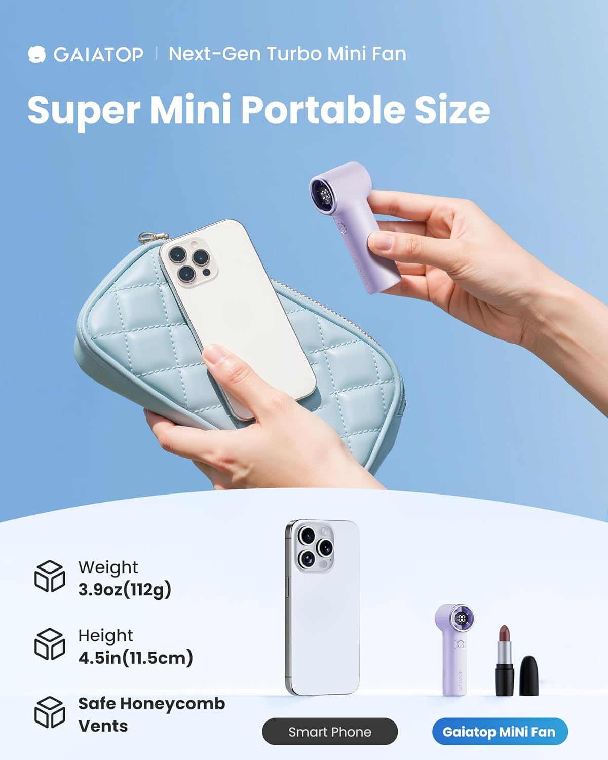 Gaiatop Mini Portable Handheld Fan, 4000mAh [15h Max Runtime] Personal Turbo Fans Pocket Size, High Speed 1-100 Adjustable Small Hand Fan, Outdoor Travel Concert Essentials, Gifts for Women Men Purple - Image 2