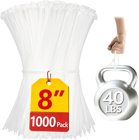 White Zip Ties 8 inch, 1000 Pack, 40lbs, Cable Ties, Zipt...