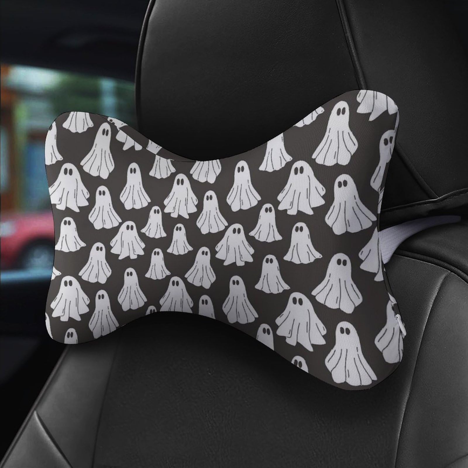 SMAZDFXX Halloween Ghost Car Neck Pillow Set of 2 Car Seat Head Support Cushion Bone Pillows with Elastic Strap