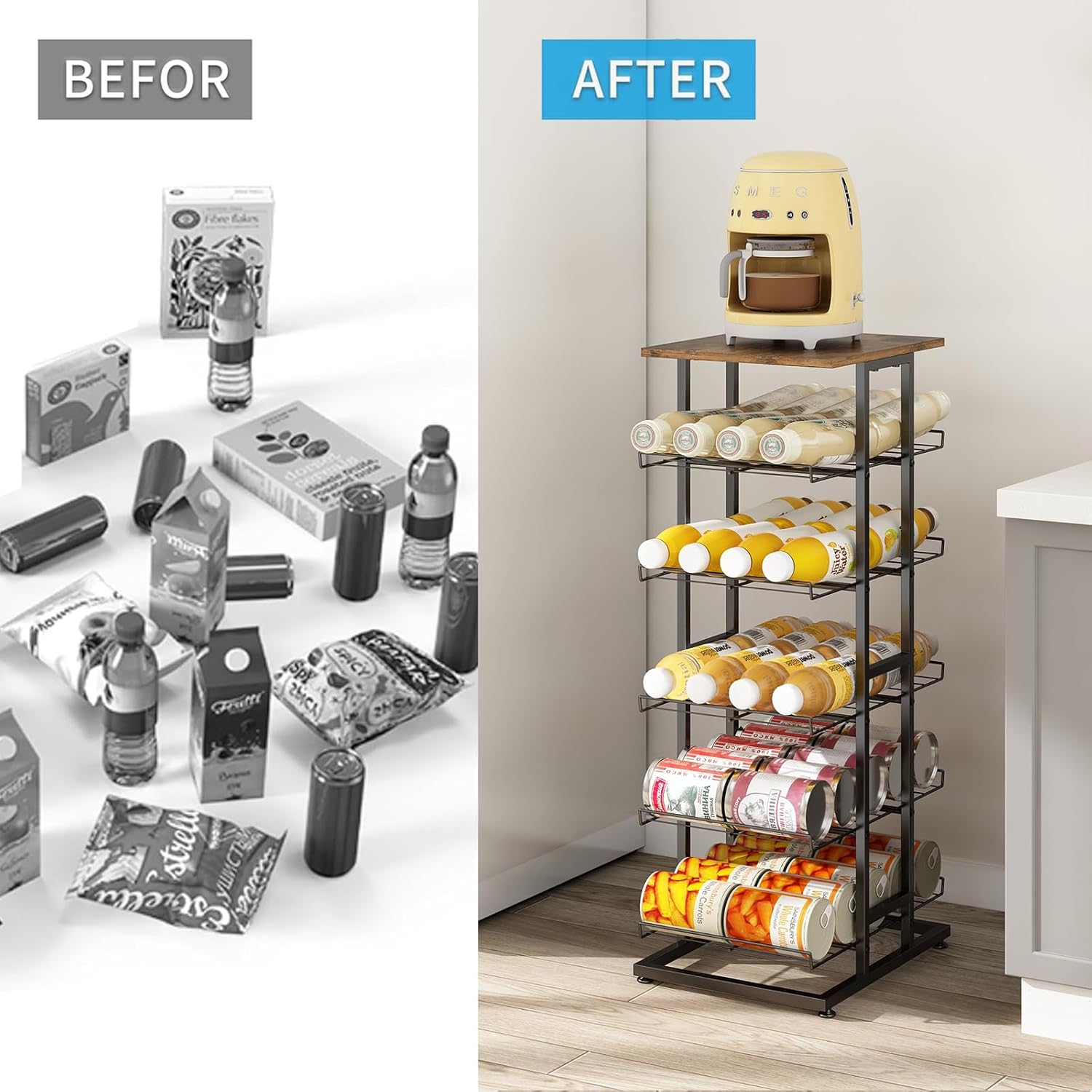 GILLAS 6 Tier with Wooden Top Water Bottle Storage with Wooden Tabletop,Metal Beverage Can Rack,Large Capacity Bottled Rack Water Bottle Holder Stand for Cabinet,Countertop Kitchen,Party,Black