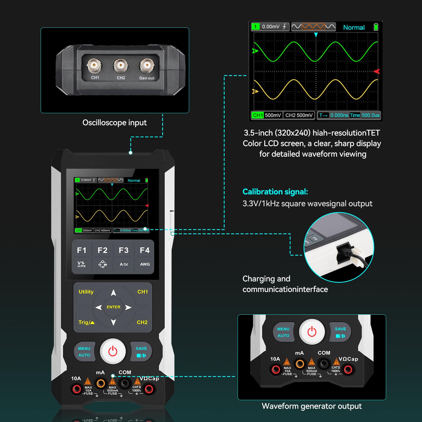 Digitales Oszilloskop + Signalgenerator + Multimeter 3 in 1: Handheld-Digitaloszilloskop 80MHz Bandbreite, 250MS/s, 2 Kanal 2 in 1 Oszilloskop Tragbares Handheld-Oszilloskop für KFZ & Elektronik