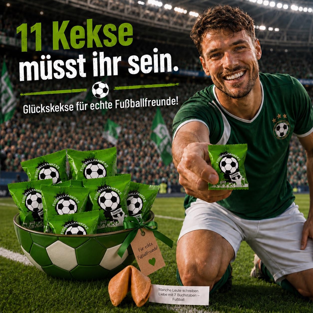 Glückskekse Fußball 250er Packung Fussball Kekse für Fussballfans mit Sprüchen rund um den Fussballsport als Deko Snack Geschenk und Mitbringsel zum Fussballspiel