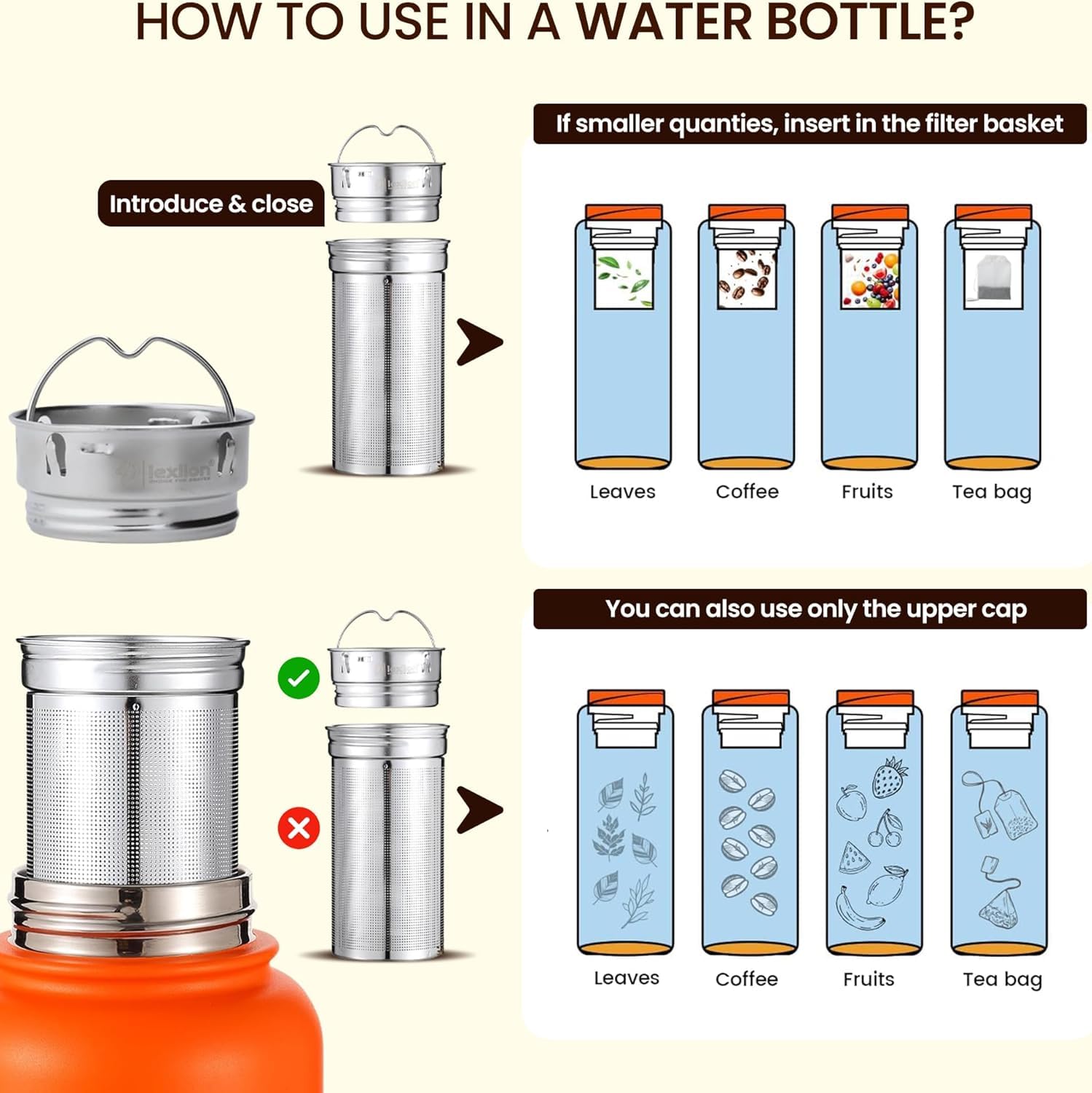 Lexlion Wasserflasche Tee-Ei für losen Tee – Wiederverwendbares & tragbares Edelstahl-Ei für Obst, Kaffee, grünen Tee, Eistee, Kräutertee, schwarzen Tee – runde Teesiebe & Filter – (1 Pack)