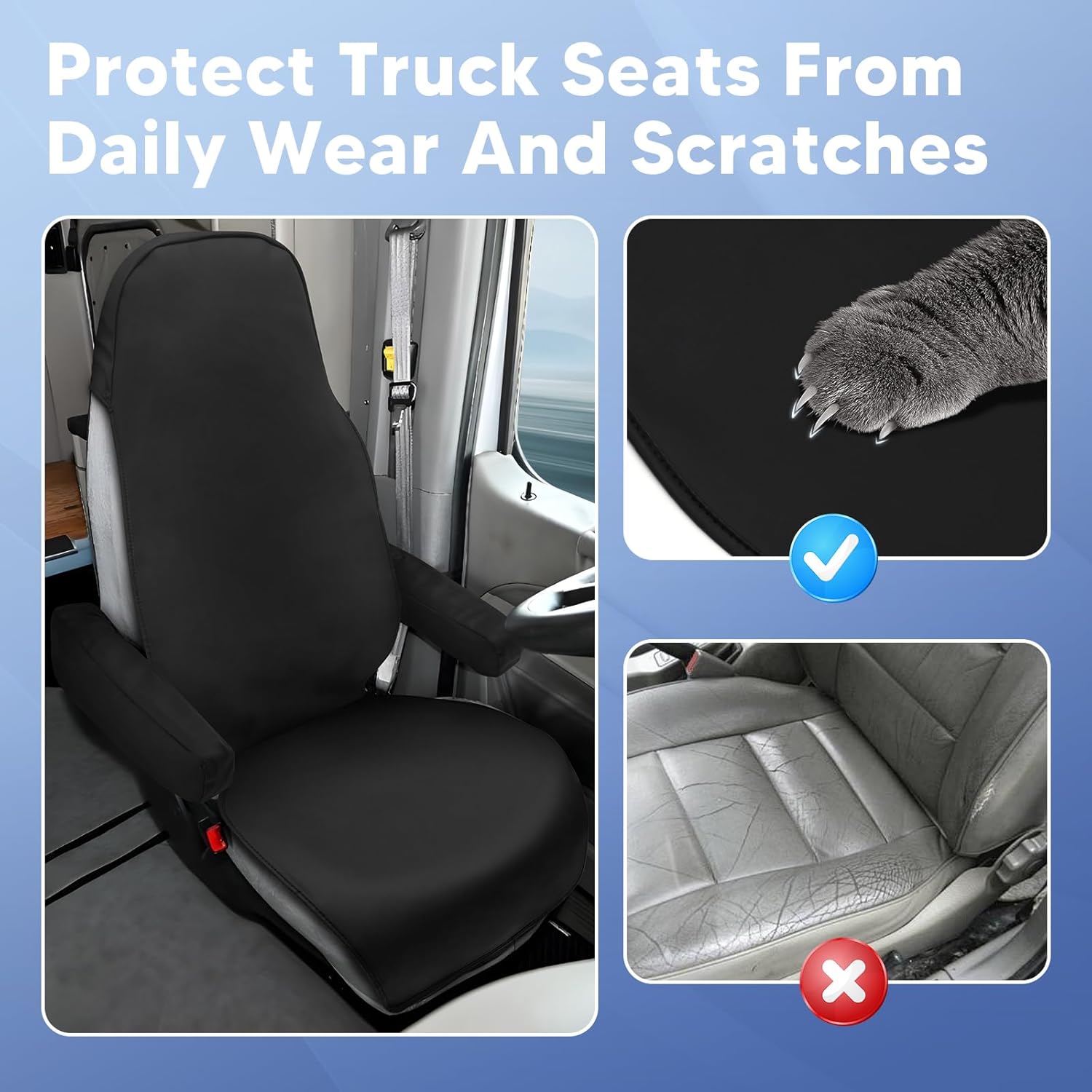 Mixsuper Semi Truck Seat Covers for Freightliner Cascadia 125 116 125, 2022-2026 Cascadia Seat Covers Full 6-Piece Set with Armrest Cover and Integrated Headrest, Silicone Bottom Cascadia Accessories