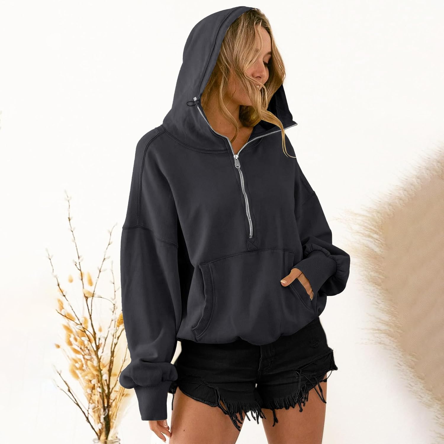 TBA High Neck Hoodies for Women Oversized Half Zip Drawstring Y2K Pullover Sweater Casual Long Sleeve Sweatshirt with Pockets - Image 3