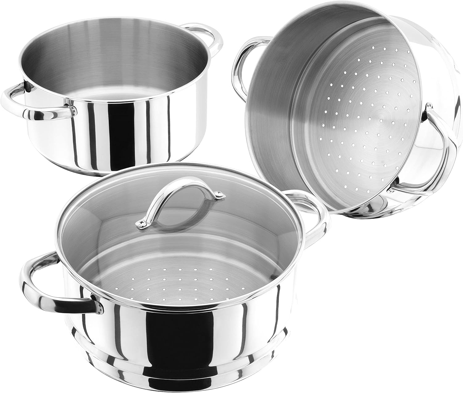 Judge Essentials Edelstahl Dampfgarer Topf, 3 Ebenen, 22 cm, Glasdeckel mit Entlüftungsloch, Integrierter Kochtopf, Backofenfest, Induktionsgeeignet