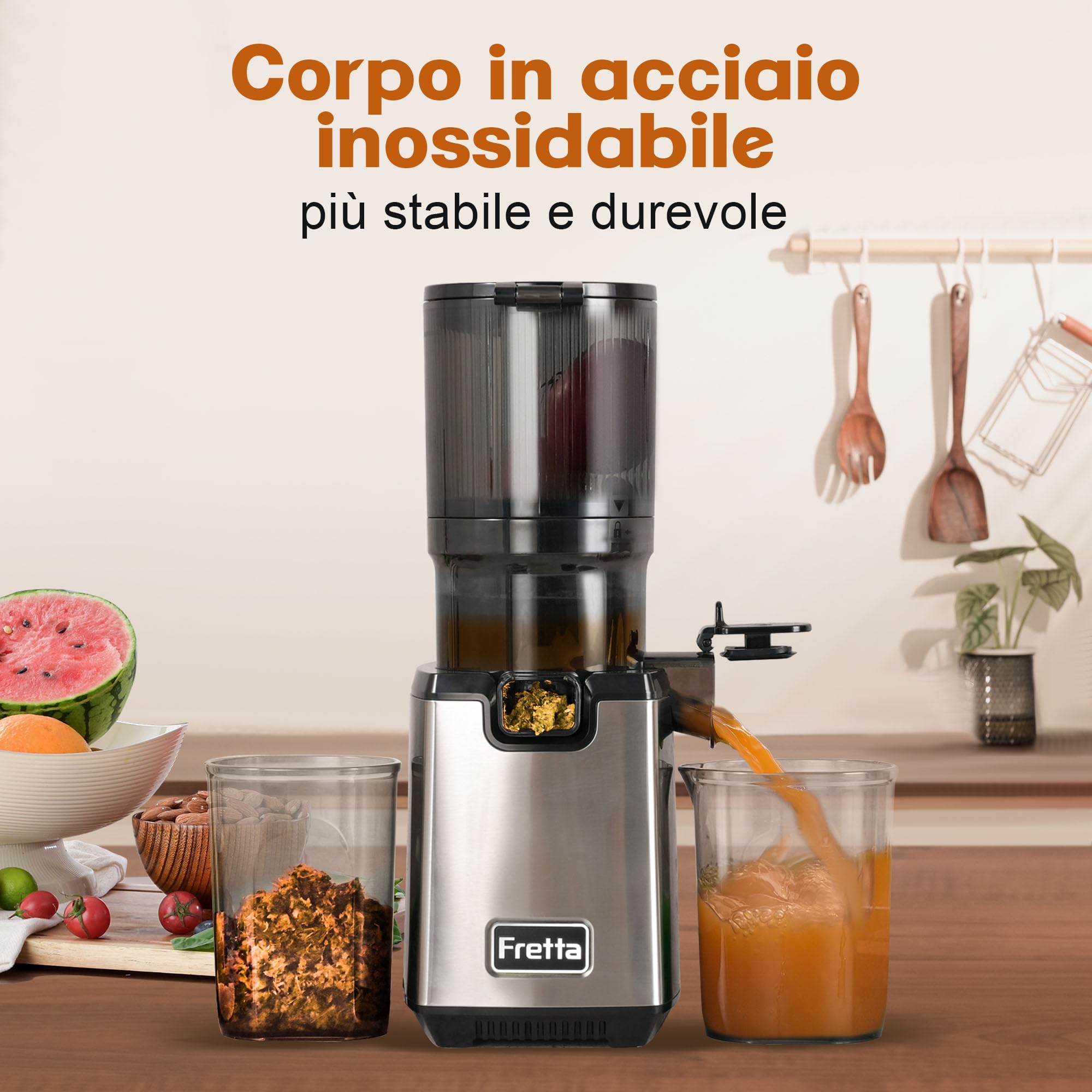 Fretta Estrattore Frutta e Verdura, Imbocco Largo 135mm, Senza BPA | Spremiagrumi lento, frutta e verdura intera, Corpo in acciaio inox, alta resa, 250W, facile pulizia, inversione automatica