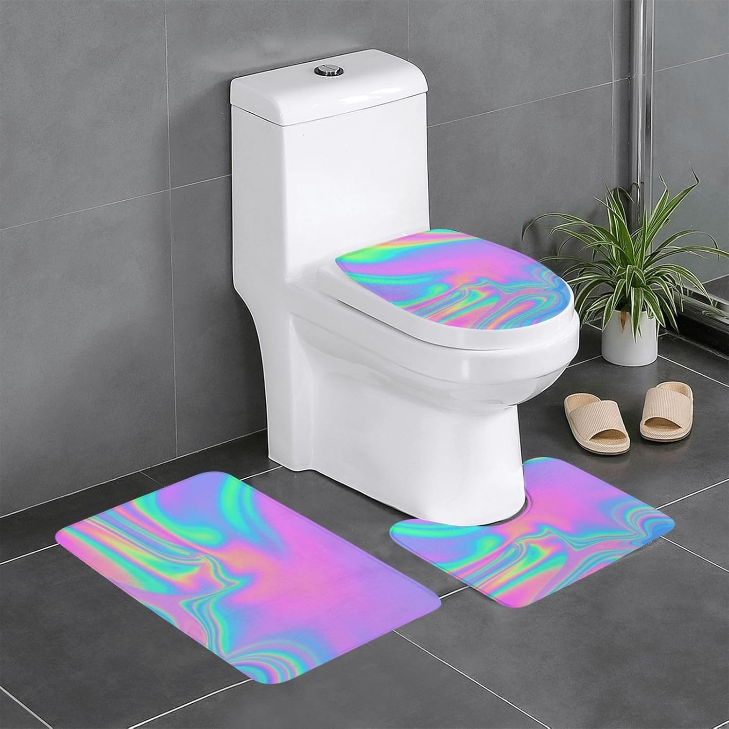 Neon Tie Dye Bathroom Non Slip Rugs Sets 3 Piece Flannel Mat Carpet Set