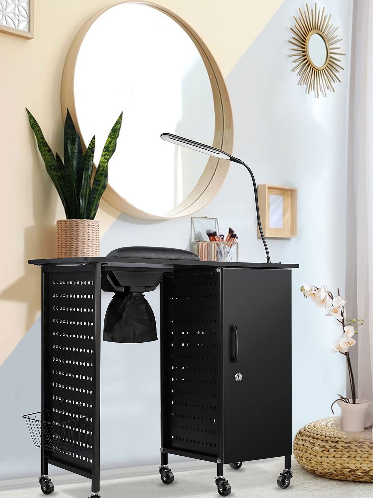 Kalolary Maniküre Nageltisch, Mobile Nagelstation mit Nagelstaubsammler | 4 Schubladen, LED-Lampen, Handballenauflage für Heimtechniker, Spa, Schönheitssalon, Arbeitsplatz, schwarz