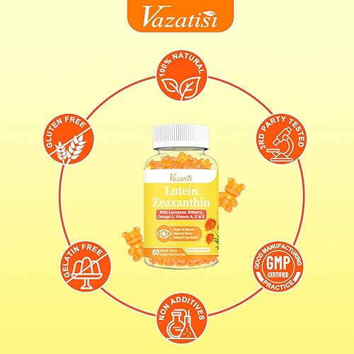 Miniatura 7 de Gomitas de luteína y zeaxantina de 25 mg con arándano, astaxantina, omega-3, suplementos de salud ocular para adultos y niños, apoyo a la luz azul,