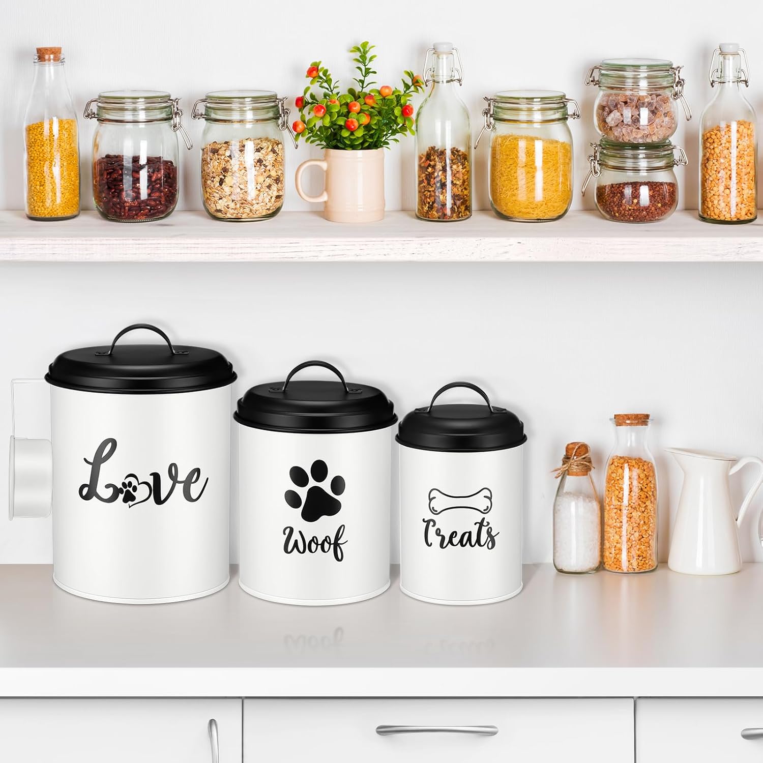 Teenyyou Dog Food Containers Set of 3 with Lids and Spoon Airtight Metal Dog Treat Snack Jars with DIY Labels Big Pet Cookie Storage Jar for Farmhouse Kitchen Counter(White)