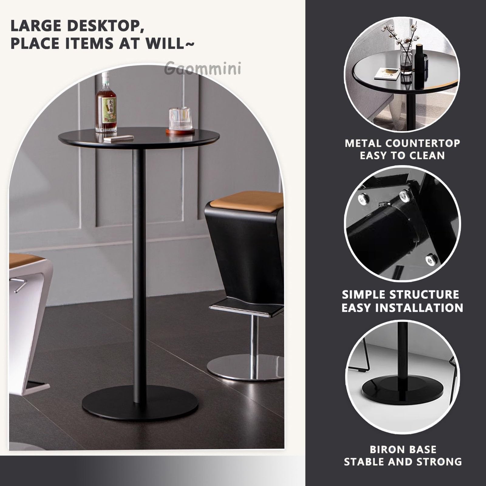 Tavolo da cocktail bar Tavolo alto da bistrot da pub - Ferro interamente in metallo | Tavolo da pranzo da cucina Tavolo da caffè | Tavolino laterale per patio interno ed esterno(Nero,70x70x104cm)